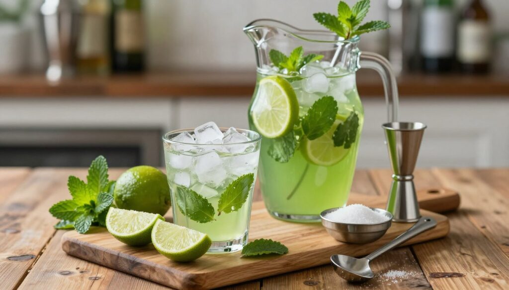 A beautifully arranged mojito preparation scene on a rustic wooden table. In the foreground, a cutting board with freshly sliced limes, sprigs of mint, and a small bowl of sugar. A clean glass filled with crushed ice stands ready, alongside a jigger and muddler that showcase the tools of cocktail creation. In the middle ground, a clear pitcher filled with a bright green mojito mixture, garnished with mint leaves and lime slices, reflects the refreshing essence of the drink. The background features a softly blurred bar setting with natural light filtering through, creating a warm and inviting atmosphere. The overall mood is relaxed and cheerful, perfect for conjuring the spirit of summer. A beautifully arranged mojito preparation scene on a rustic wooden table. In the foreground, a cutting board with freshly sliced limes, sprigs of mint, and a small bowl of sugar. A clean glass filled with crushed ice stands ready, alongside a jigger and muddler that showcase the tools of cocktail creation. In the middle ground, a clear pitcher filled with a bright green mojito mixture, garnished with mint leaves and lime slices, reflects the refreshing essence of the drink. The background features a softly blurred bar setting with natural light filtering through, creating a warm and inviting atmosphere. The overall mood is relaxed and cheerful, perfect for conjuring the spirit of summer.