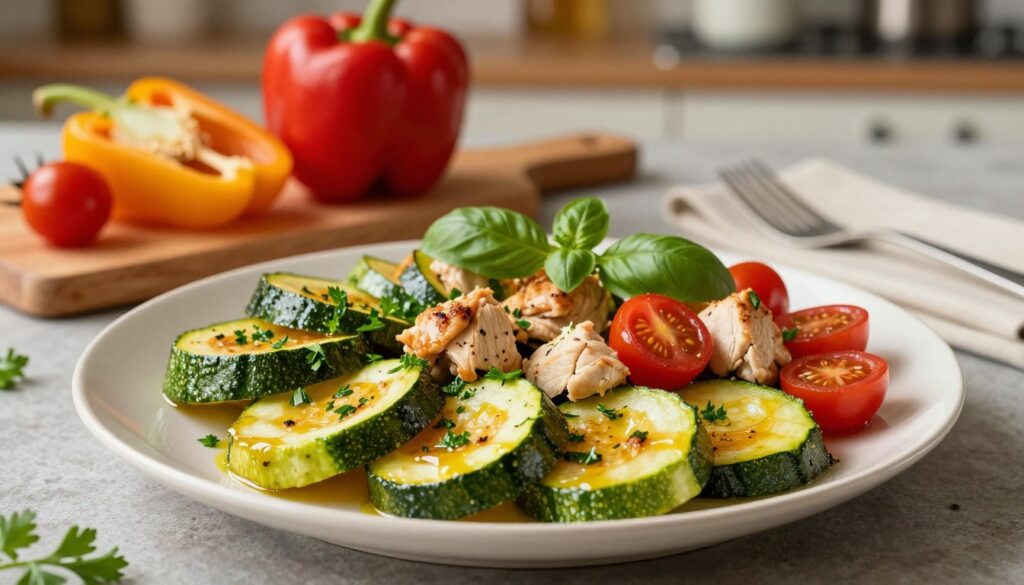 A beautifully arranged plate featuring a vibrant kabaczek (zucchini) dish, sliced and sautéed to golden perfection, garnished with fresh herbs like parsley and basil. The foreground showcases the kabaczek slices, glistening with olive oil, alongside tender chunks of cooked chicken and vibrant cherry tomatoes for a splash of color. In the middle ground, there is a wooden cutting board with additional fresh veggies, such as bell peppers and onions, adding a rustic touch. The background suggests a cozy kitchen setting, softly lit with warm, inviting light, creating a homely atmosphere. The scene captures a wholesome and nourishing vibe, ideal for a nutritious meal, framed with gentle shadows and a focus on the textures of the food, inviting the viewer to enjoy this delicious meal. A beautifully arranged plate featuring a vibrant kabaczek (zucchini) dish, sliced and sautéed to golden perfection, garnished with fresh herbs like parsley and basil. The foreground showcases the kabaczek slices, glistening with olive oil, alongside tender chunks of cooked chicken and vibrant cherry tomatoes for a splash of color. In the middle ground, there is a wooden cutting board with additional fresh veggies, such as bell peppers and onions, adding a rustic touch. The background suggests a cozy kitchen setting, softly lit with warm, inviting light, creating a homely atmosphere. The scene captures a wholesome and nourishing vibe, ideal for a nutritious meal, framed with gentle shadows and a focus on the textures of the food, inviting the viewer to enjoy this delicious meal.
