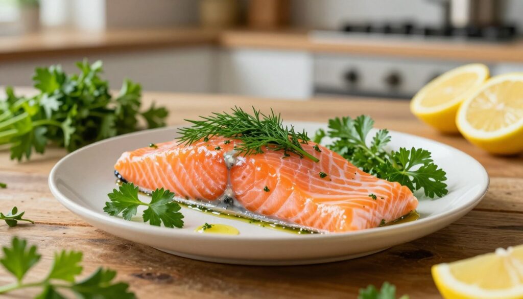 A beautifully arranged plate featuring fresh salmon fillet garnished with vivid green dill and parsley, showcasing vibrant herbs that enhance the dish. The foreground should highlight the glistening texture of the salmon with a drizzle of lemon juice, enticing the viewer. In the middle, a rustic wooden table complements the scene, scattered with additional herbs and slices of lemon for a pop of color. The background should be softly blurred, showing a cozy kitchen environment with warm, natural light filtering in, creating an inviting atmosphere. Capture the essence of a culinary delight in a professional, appetizing manner, focusing on freshness and vibrant colors. A beautifully arranged plate featuring fresh salmon fillet garnished with vivid green dill and parsley, showcasing vibrant herbs that enhance the dish. The foreground should highlight the glistening texture of the salmon with a drizzle of lemon juice, enticing the viewer. In the middle, a rustic wooden table complements the scene, scattered with additional herbs and slices of lemon for a pop of color. The background should be softly blurred, showing a cozy kitchen environment with warm, natural light filtering in, creating an inviting atmosphere. Capture the essence of a culinary delight in a professional, appetizing manner, focusing on freshness and vibrant colors.