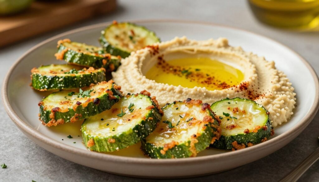 A beautifully arranged plate featuring golden-brown, crispy fried zucchini garnished with a sprinkle of fresh herbs, resting on a smooth, creamy hummus spread. The foreground showcases the zucchini slices, perfectly fried with a slight sheen, capturing the light. In the middle, the hummus is vibrant in color, invitingly plated in a rustic bowl, with a drizzle of olive oil and a dash of paprika for contrast. The background is softly blurred, hinting at a rustic kitchen setting with warm lighting that creates a cozy atmosphere. Subtle shadows add depth, ensuring the focus remains on the dish. The overall vibe is appetizing and appealing, ideal for a culinary highlight. A beautifully arranged plate featuring golden-brown, crispy fried zucchini garnished with a sprinkle of fresh herbs, resting on a smooth, creamy hummus spread. The foreground showcases the zucchini slices, perfectly fried with a slight sheen, capturing the light. In the middle, the hummus is vibrant in color, invitingly plated in a rustic bowl, with a drizzle of olive oil and a dash of paprika for contrast. The background is softly blurred, hinting at a rustic kitchen setting with warm lighting that creates a cozy atmosphere. Subtle shadows add depth, ensuring the focus remains on the dish. The overall vibe is appetizing and appealing, ideal for a culinary highlight.