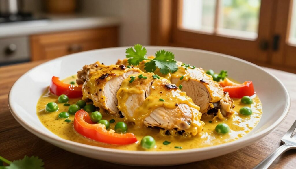 A beautifully arranged plate featuring succulent chicken breasts cooked in a rich, creamy curry sauce. The chicken is sliced to reveal its tender, juicy interior, glistening under soft, inviting overhead lighting. Surrounding the chicken are vibrant fresh vegetables, such as bell peppers and green peas, adding pops of color. The plate is garnished with chopped cilantro for an added touch of freshness. In the background, a warm, rustic kitchen setting with wooden cabinets and natural light filtering through a window creates an inviting atmosphere. The image is captured from a slightly elevated angle, emphasizing the dish’s textures and enticing presentation, inviting viewers to explore the delightful flavors and aromas of this comforting meal. A beautifully arranged plate featuring succulent chicken breasts cooked in a rich, creamy curry sauce. The chicken is sliced to reveal its tender, juicy interior, glistening under soft, inviting overhead lighting. Surrounding the chicken are vibrant fresh vegetables, such as bell peppers and green peas, adding pops of color. The plate is garnished with chopped cilantro for an added touch of freshness. In the background, a warm, rustic kitchen setting with wooden cabinets and natural light filtering through a window creates an inviting atmosphere. The image is captured from a slightly elevated angle, emphasizing the dish’s textures and enticing presentation, inviting viewers to explore the delightful flavors and aromas of this comforting meal.