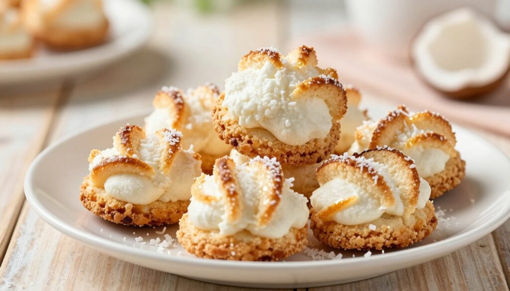A beautifully arranged plate of coconut macaroons (kokosanki białka), showcasing their golden-brown, crispy exterior intertwined with fluffy white interiors. The foreground features several macaroon bites with a slight sheen of light reflecting off their surface. In the middle ground, a few macaroons are elegantly stacked, with a sprinkle of shredded coconut around them, enhancing the texture. The background is softly blurred, revealing a rustic wooden table and gentle hues of pastel colors, creating a warm and inviting atmosphere. Natural sunlight filters in, casting soft, warm light onto the scene, emphasizing the dessert's appetizing qualities. The angle is slightly elevated, providing a mouthwatering view of the macaroon's features while maintaining a cozy and homely vibe. A beautifully arranged plate of coconut macaroons (kokosanki białka), showcasing their golden-brown, crispy exterior intertwined with fluffy white interiors. The foreground features several macaroon bites with a slight sheen of light reflecting off their surface. In the middle ground, a few macaroons are elegantly stacked, with a sprinkle of shredded coconut around them, enhancing the texture. The background is softly blurred, revealing a rustic wooden table and gentle hues of pastel colors, creating a warm and inviting atmosphere. Natural sunlight filters in, casting soft, warm light onto the scene, emphasizing the dessert's appetizing qualities. The angle is slightly elevated, providing a mouthwatering view of the macaroon's features while maintaining a cozy and homely vibe.