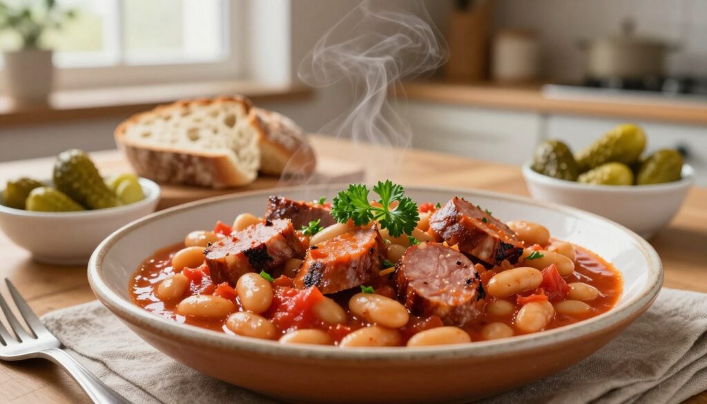 A beautifully arranged plate of "fasolka po bretońsku," featuring tender white beans simmered in a rich tomato sauce with pieces of smoky sausage, garnished with fresh parsley. In the foreground, showcase the dish in a rustic ceramic bowl with steam rising, capturing the warmth and delicious aroma of the meal. The middle ground includes a slice of crusty bread and a small bowl of pickles, enhancing the homey vibe. In the background, a cozy kitchen setting with soft, warm lighting filtering through a window, and kitchen utensils subtly arranged on a wooden table, creating an inviting atmosphere. The scene conveys a quick, fulfilling meal that caters to diverse dietary preferences, invoking feelings of comfort and familiarity. A beautifully arranged plate of "fasolka po bretońsku," featuring tender white beans simmered in a rich tomato sauce with pieces of smoky sausage, garnished with fresh parsley. In the foreground, showcase the dish in a rustic ceramic bowl with steam rising, capturing the warmth and delicious aroma of the meal. The middle ground includes a slice of crusty bread and a small bowl of pickles, enhancing the homey vibe. In the background, a cozy kitchen setting with soft, warm lighting filtering through a window, and kitchen utensils subtly arranged on a wooden table, creating an inviting atmosphere. The scene conveys a quick, fulfilling meal that caters to diverse dietary preferences, invoking feelings of comfort and familiarity.