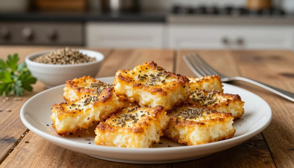 A beautifully arranged plate of fried cheese sprinkled with caraway seeds, highlighting the golden-brown crispy texture of the cheese. The foreground showcases the plate prominently, with a fork placed artistically beside it. In the middle, a small bowl of caraway seeds and some fresh herbs add color and freshness, while a rustic wooden table serves as the surface, suggesting a warm, homey atmosphere. The background features a softly blurred kitchen setting with warm, inviting lighting that enhances the cozy feel of home cooking. Use a close-up angle to capture the details of the cheese and seeds, creating a mouthwatering and appealing image full of traditional charm.