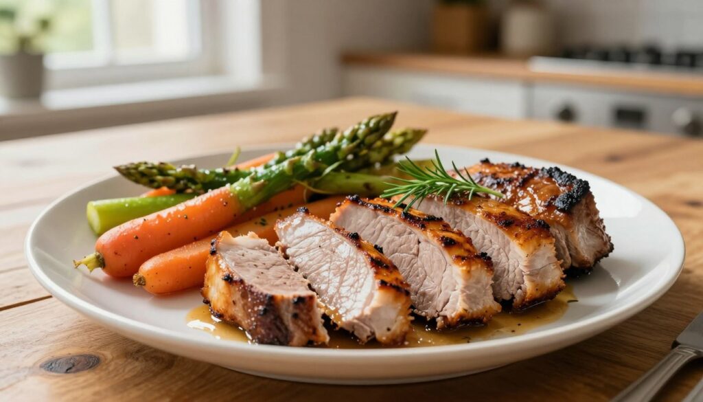 A beautifully arranged plate of juicy pork tenderloin, garnished with fresh herbs and vibrant vegetables. In the foreground, focus on perfectly cooked polędwiczki wieprzowe, with a golden-brown sear and succulent, tender texture visible on the cut edges, glistening with juices. The middle ground features a side of roasted seasonal vegetables, such as carrots and asparagus, enhancing the color palette. The background includes a rustic wooden kitchen table and soft, diffused natural light streaming in from a nearby window, creating a warm and inviting atmosphere. The overall mood should emphasize comfort and gourmet home cooking, inviting the viewer to imagine savoring this delicious dish.