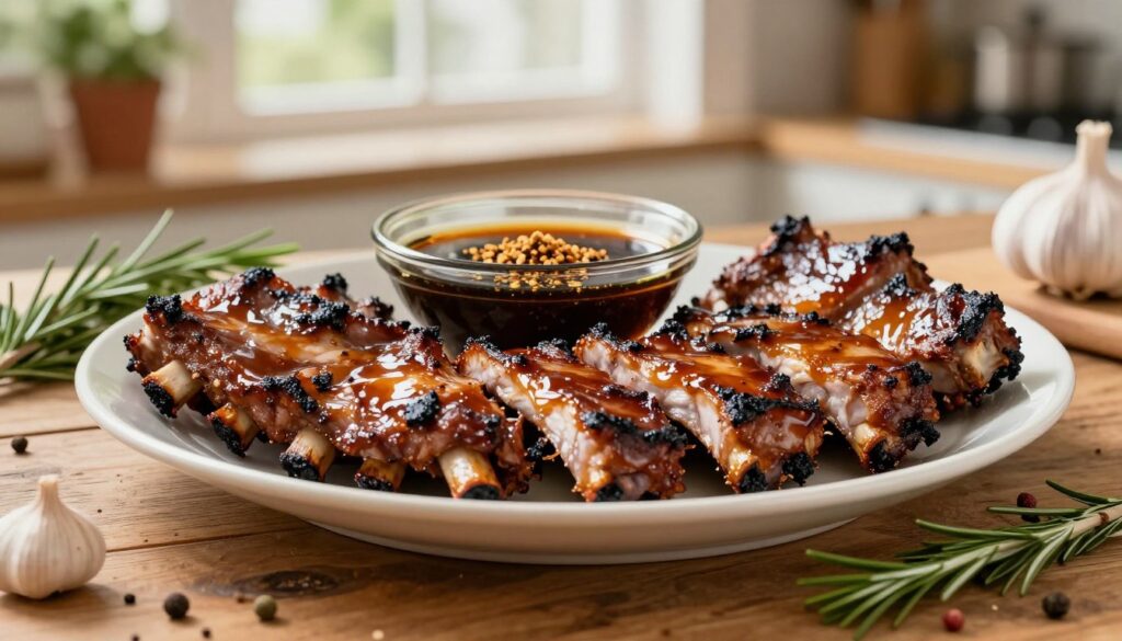 A beautifully arranged plate of marinated ribs, glistening with a rich, aromatic glaze. In the foreground, the ribs are char-grilled and tender, laid atop a rustic wooden table adorned with fresh herbs and spices, such as rosemary and garlic. In the middle, a small bowl of the savory marinade, showcasing a blend of dark soy sauce, honey, and crushed spices, invites the viewer in. The background softly blurs with the warmth of natural light filtering through a kitchen window, creating a cozy atmosphere. Capture this scene with a shallow depth of field, using a warm color palette that enhances the invitation to savor these delicious ribs. Aim for an inviting and appetizing mood, perfect for food lovers.