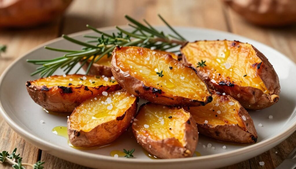 A beautifully arranged plate of roasted sweet potatoes, showcasing their caramelized, crispy edges and soft, fluffy centers. The foreground features several golden-brown pieces of bataty, glistening with a light drizzle of olive oil and sprinkled with coarse sea salt. In the middle ground, there are fresh herbs like rosemary and thyme elegantly placed around the sweet potatoes, enhancing the dish's appeal. The background softly blurred reveals a rustic wooden table setting, adding warmth to the scene. The lighting is warm and inviting, casting soft shadows that highlight the texture of the roasted sweet potatoes. The overall mood is cozy and homely, perfect for a comforting meal. A beautifully arranged plate of roasted sweet potatoes, showcasing their caramelized, crispy edges and soft, fluffy centers. The foreground features several golden-brown pieces of bataty, glistening with a light drizzle of olive oil and sprinkled with coarse sea salt. In the middle ground, there are fresh herbs like rosemary and thyme elegantly placed around the sweet potatoes, enhancing the dish's appeal. The background softly blurred reveals a rustic wooden table setting, adding warmth to the scene. The lighting is warm and inviting, casting soft shadows that highlight the texture of the roasted sweet potatoes. The overall mood is cozy and homely, perfect for a comforting meal.