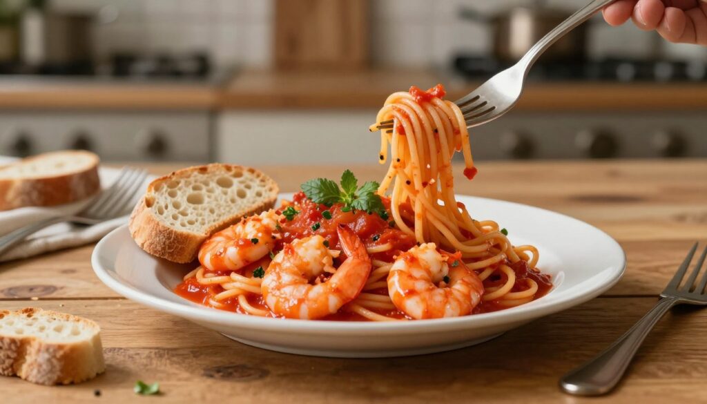 A beautifully arranged plate of shrimp in a vibrant tomato sauce, garnished with fresh herbs and accompanied by al dente pasta and a slice of crusty bread. The focus is on the succulent shrimp, glistening in the rich red sauce, with the pasta elegantly curled around it. A wooden table serves as the foreground, with a rustic kitchen setting in the background, featuring soft, warm lighting to create a cozy atmosphere. Include a few utensils scattered artistically nearby, like a fork poised to twirl the pasta. The depth of field should blur the background slightly, emphasizing the dish and creating an inviting, appetizing scene that draws the viewer into the cooking process.