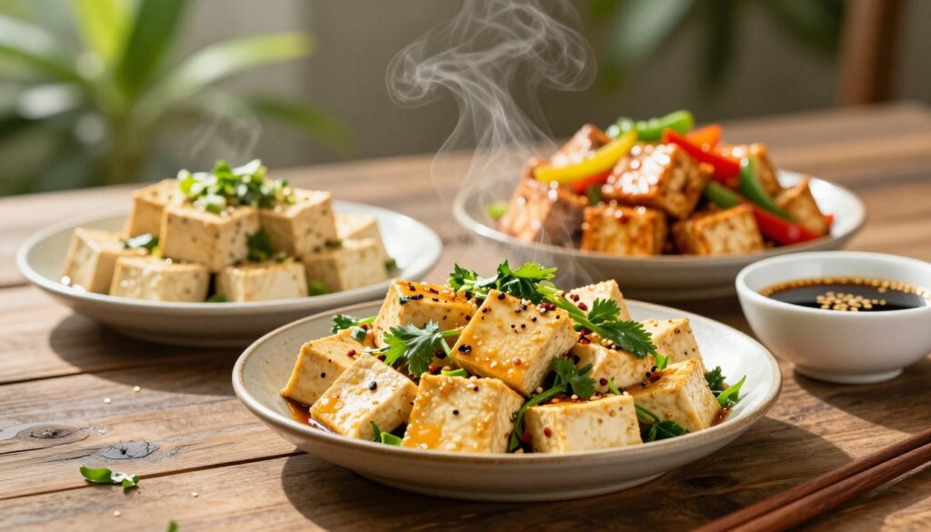 A beautifully arranged plate of tofu dishes presented on a rustic wooden table, showcasing various styles of tofu preparation. In the foreground, a vibrant stir-fried tofu dish garnished with fresh herbs and spices, steam gently rising to highlight the freshness. In the middle ground, a bowl of spicy marinated tofu cubes with colorful bell peppers, and a dipping sauce of soy and sesame. In the background, soft-focus greenery suggests an outdoor setting, while natural sunlight filters through, casting a warm glow on the scene. The mood is inviting and appetizing, enticing viewers to explore the flavors of tofu. The composition emphasizes texture and color, highlighting the versatility of tofu in culinary applications. A beautifully arranged plate of tofu dishes presented on a rustic wooden table, showcasing various styles of tofu preparation. In the foreground, a vibrant stir-fried tofu dish garnished with fresh herbs and spices, steam gently rising to highlight the freshness. In the middle ground, a bowl of spicy marinated tofu cubes with colorful bell peppers, and a dipping sauce of soy and sesame. In the background, soft-focus greenery suggests an outdoor setting, while natural sunlight filters through, casting a warm glow on the scene. The mood is inviting and appetizing, enticing viewers to explore the flavors of tofu. The composition emphasizes texture and color, highlighting the versatility of tofu in culinary applications.