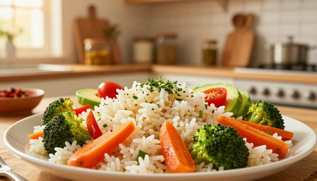 A beautifully arranged plate of vegetarian rice dishes, foreground showcasing a colorful medley of vegetables like bell peppers, carrots, and broccoli mixed with fluffy white rice. The middle layer features a vibrant, garnished bowl of rice with a sprinkle of herbs, perhaps some cherry tomatoes and avocado slices. In the background, a softly blurred kitchen setting with warm, inviting lighting, wooden shelves with spices and cooking utensils. The atmosphere conveys a sense of homely comfort and healthy eating, with a warm golden hour glow. The composition should be from a slightly elevated angle, focusing on the dish while keeping the background tastefully indistinct, creating an inviting scene that highlights the deliciousness of meat-free meals. A beautifully arranged plate of vegetarian rice dishes, foreground showcasing a colorful medley of vegetables like bell peppers, carrots, and broccoli mixed with fluffy white rice. The middle layer features a vibrant, garnished bowl of rice with a sprinkle of herbs, perhaps some cherry tomatoes and avocado slices. In the background, a softly blurred kitchen setting with warm, inviting lighting, wooden shelves with spices and cooking utensils. The atmosphere conveys a sense of homely comfort and healthy eating, with a warm golden hour glow. The composition should be from a slightly elevated angle, focusing on the dish while keeping the background tastefully indistinct, creating an inviting scene that highlights the deliciousness of meat-free meals.