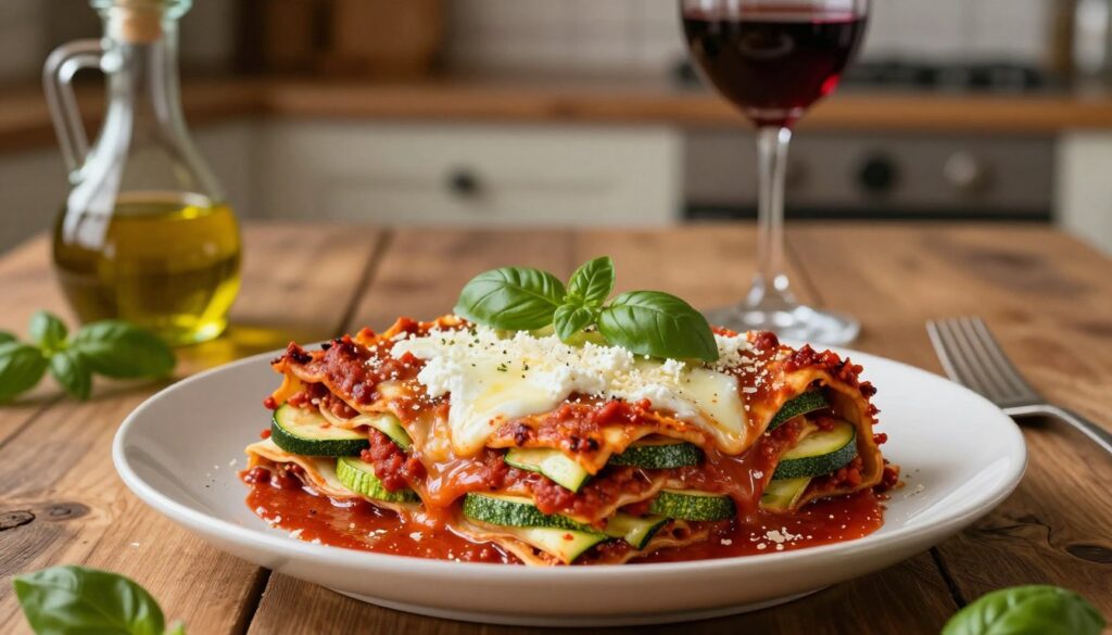 A beautifully arranged plate of zucchini lasagna, showcasing layers of thinly sliced zucchini, rich marinara sauce, creamy ricotta cheese, and melted mozzarella. In the foreground, the lasagna is garnished with fresh basil leaves and a sprinkle of parmesan, creating an inviting texture. The middle ground features a rustic wooden table adorned with olive oil, herbs, and a glass of red wine, enhancing the Italian culinary vibe. The background is softly blurred, revealing a cozy kitchen setting with warm, ambient lighting that casts a gentle glow on the dish. The overall mood is warm and inviting, emphasizing a heartfelt home-cooked meal inspired by Italian cuisine, perfect for a delicious, seasonal dinner. A beautifully arranged plate of zucchini lasagna, showcasing layers of thinly sliced zucchini, rich marinara sauce, creamy ricotta cheese, and melted mozzarella. In the foreground, the lasagna is garnished with fresh basil leaves and a sprinkle of parmesan, creating an inviting texture. The middle ground features a rustic wooden table adorned with olive oil, herbs, and a glass of red wine, enhancing the Italian culinary vibe. The background is softly blurred, revealing a cozy kitchen setting with warm, ambient lighting that casts a gentle glow on the dish. The overall mood is warm and inviting, emphasizing a heartfelt home-cooked meal inspired by Italian cuisine, perfect for a delicious, seasonal dinner.