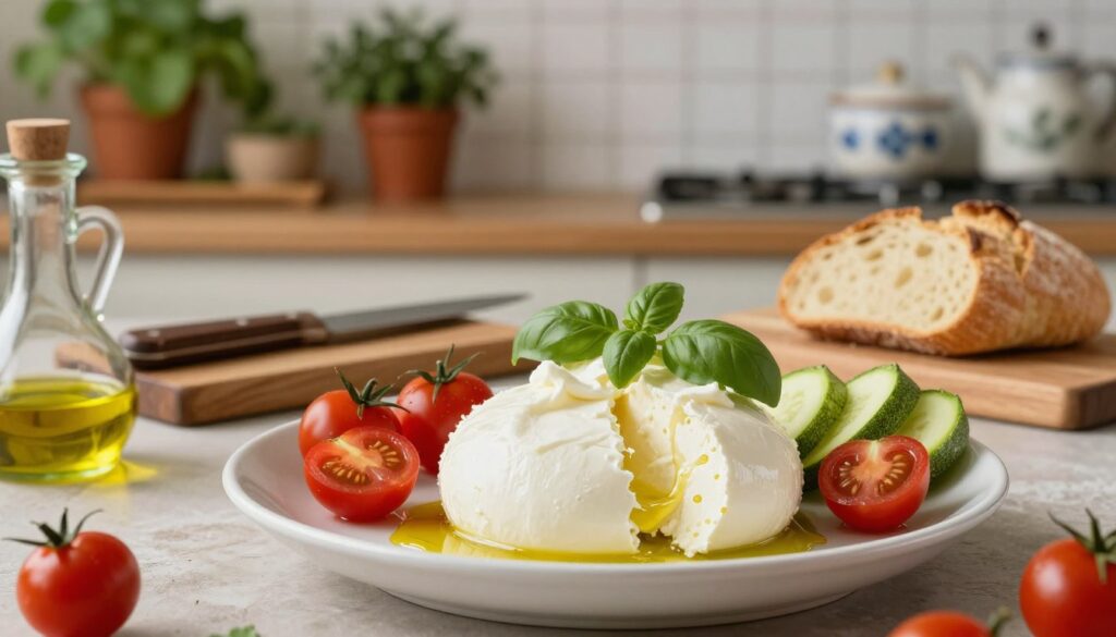 A beautifully arranged platter of Italian ricotta cheese in a rustic kitchen setting. In the foreground, showcase fresh, creamy ricotta in a small white bowl, garnished with a sprig of basil. Surround the bowl with vibrant, seasonal vegetables like cherry tomatoes and zucchini, along with a drizzle of high-quality olive oil. The middle ground features a wooden cutting board with a knife and some freshly baked bread, inviting a sense of culinary warmth. In the background, soft diffused lighting illuminates a cozy kitchen atmosphere with shelves of herbs in pots and traditional Italian ceramics, evoking a welcoming and homey feel. The scene should exude a sense of freshness and rustic charm, ideal for highlighting the importance of ricotta in cooking. A beautifully arranged platter of Italian ricotta cheese in a rustic kitchen setting. In the foreground, showcase fresh, creamy ricotta in a small white bowl, garnished with a sprig of basil. Surround the bowl with vibrant, seasonal vegetables like cherry tomatoes and zucchini, along with a drizzle of high-quality olive oil. The middle ground features a wooden cutting board with a knife and some freshly baked bread, inviting a sense of culinary warmth. In the background, soft diffused lighting illuminates a cozy kitchen atmosphere with shelves of herbs in pots and traditional Italian ceramics, evoking a welcoming and homey feel. The scene should exude a sense of freshness and rustic charm, ideal for highlighting the importance of ricotta in cooking.