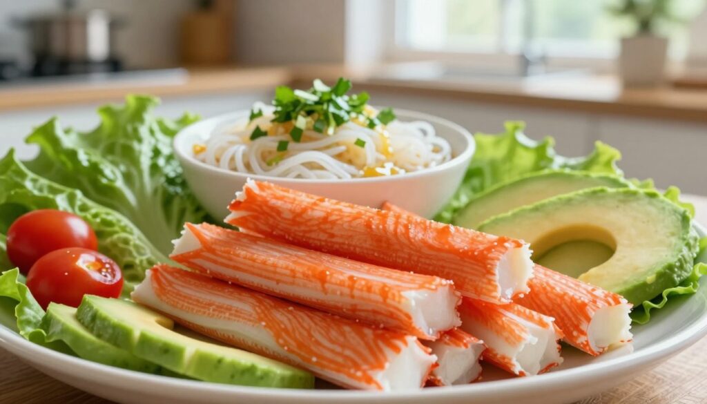 A beautifully arranged platter of crab sticks, also known as surimi, prominently displayed in the foreground, showcasing their vibrant orange and white stripes. Surrounding the crab sticks are fresh ingredients like lettuce leaves, cherry tomatoes, and avocado slices, adding color and freshness. In the middle ground, a bowl of rice noodles intertwined with finely chopped herbs and a light, tangy dressing complements the crab sticks, hinting at a delicious salad. The background features a softly blurred kitchen setting with natural light streaming through a window, creating a warm and inviting atmosphere. Capture the essence of a light, festive dish perfect for a gathering, with a close-up perspective to emphasize texture and detail. A beautifully arranged platter of crab sticks, also known as surimi, prominently displayed in the foreground, showcasing their vibrant orange and white stripes. Surrounding the crab sticks are fresh ingredients like lettuce leaves, cherry tomatoes, and avocado slices, adding color and freshness. In the middle ground, a bowl of rice noodles intertwined with finely chopped herbs and a light, tangy dressing complements the crab sticks, hinting at a delicious salad. The background features a softly blurred kitchen setting with natural light streaming through a window, creating a warm and inviting atmosphere. Capture the essence of a light, festive dish perfect for a gathering, with a close-up perspective to emphasize texture and detail.