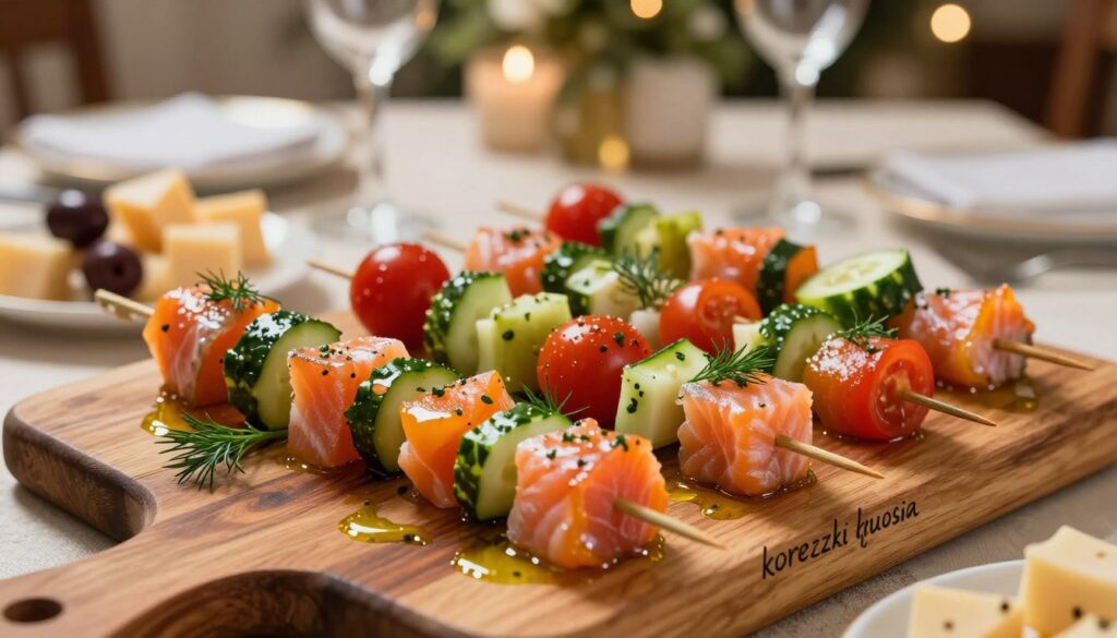 A beautifully arranged platter of "koreczki łososia," featuring bite-sized salmon skewers garnished with fresh herbs and colorful vegetables. In the foreground, showcase a close-up of a skewer with vibrant pieces of smoked salmon, cucumber, cherry tomatoes, and dill, all glistening with a light drizzle of olive oil. The middle ground should display an inviting arrangement of various skewers on a rustic wooden serving board, surrounded by complementary appetizers like cheese cubes and olives. In the background, softly blurred, an elegant dining table set for a celebration with warm, ambient lighting that creates a cozy and festive atmosphere. Capture the scene from a slightly elevated angle to emphasize the colorful flavors and textures, evoking a sense of gourmet indulgence and creativity in food pairing.