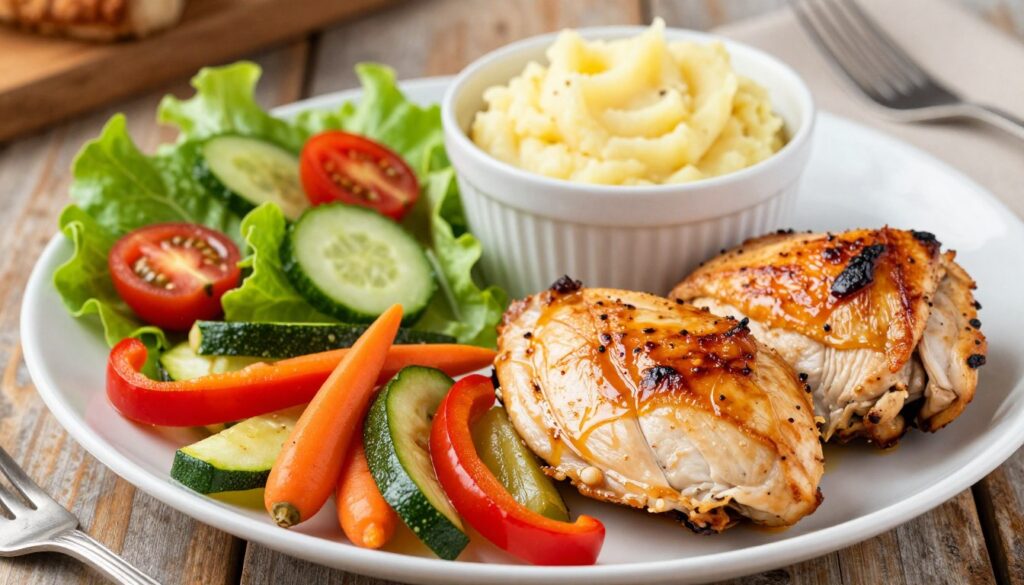 A beautifully arranged platter of roasted chicken breast garnished with an assortment of colorful side dishes. In the foreground, vibrant sautéed vegetables including bell peppers, zucchini, and carrots are artfully placed next to the golden-brown chicken, glistening with a light glaze. In the middle ground, a bowl of creamy mashed potatoes sits alongside a fresh green salad topped with cherry tomatoes and cucumber. The background features a rustic wooden table setting, with soft, warm lighting that enhances the inviting mood of the scene. The image is captured from a slightly elevated angle, allowing a clear view of the delicious array of accompaniments, evoking a sense of warmth and home-cooked comfort. A beautifully arranged platter of roasted chicken breast garnished with an assortment of colorful side dishes. In the foreground, vibrant sautéed vegetables including bell peppers, zucchini, and carrots are artfully placed next to the golden-brown chicken, glistening with a light glaze. In the middle ground, a bowl of creamy mashed potatoes sits alongside a fresh green salad topped with cherry tomatoes and cucumber. The background features a rustic wooden table setting, with soft, warm lighting that enhances the inviting mood of the scene. The image is captured from a slightly elevated angle, allowing a clear view of the delicious array of accompaniments, evoking a sense of warmth and home-cooked comfort.
