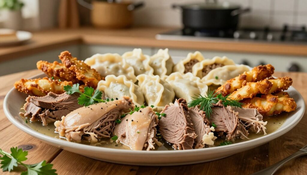 A beautifully arranged platter of tender, shredded meat from a traditional broth surrounded by an assortment of prepared dishes made from it. In the foreground, showcase succulent pieces of chicken and beef, garnished with fresh herbs like parsley and dill. The middle layer features neatly presented pierogi filled with meat, accompanied by crispy krokiety, all on a rustic wooden table. In the background, a softly lit kitchen setting with pots and pans, evoking a warm and inviting atmosphere. The overall lighting should be warm and natural, creating a feeling of homeliness, while a shallow depth of field highlights the meat and dishes, capturing intricate textures and colors. The mood is cozy and nostalgic, celebrating the culinary traditions of using broth meat in various recipes. A beautifully arranged platter of tender, shredded meat from a traditional broth surrounded by an assortment of prepared dishes made from it. In the foreground, showcase succulent pieces of chicken and beef, garnished with fresh herbs like parsley and dill. The middle layer features neatly presented pierogi filled with meat, accompanied by crispy krokiety, all on a rustic wooden table. In the background, a softly lit kitchen setting with pots and pans, evoking a warm and inviting atmosphere. The overall lighting should be warm and natural, creating a feeling of homeliness, while a shallow depth of field highlights the meat and dishes, capturing intricate textures and colors. The mood is cozy and nostalgic, celebrating the culinary traditions of using broth meat in various recipes.