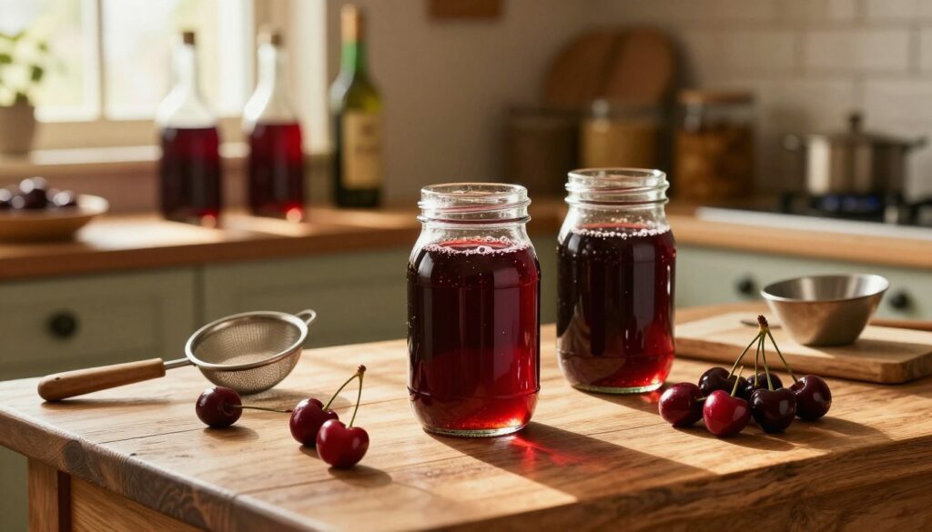 A beautifully arranged scene depicting the process of aging cherry liqueur, set in a cozy and rustic kitchen. In the foreground, glass jars filled with rich, dark cherry liqueur bask in warm, golden light, showcasing the deep red hues. Surrounding the jars are ripe cherries, fresh and glossy, accentuating the liqueur's ingredients. In the middle ground, a wooden table bears traditional tools such as a strainer and a funnel, hinting at the craftsmanship involved. Soft sunlight streams through nearby windows, creating a serene, inviting atmosphere. In the background, shelves lined with various bottles and jars add depth, suggesting a passion for homemade beverages. The overall mood should reflect warmth, tradition, and the art of patience in crafting flavors. A beautifully arranged scene depicting the process of aging cherry liqueur, set in a cozy and rustic kitchen. In the foreground, glass jars filled with rich, dark cherry liqueur bask in warm, golden light, showcasing the deep red hues. Surrounding the jars are ripe cherries, fresh and glossy, accentuating the liqueur's ingredients. In the middle ground, a wooden table bears traditional tools such as a strainer and a funnel, hinting at the craftsmanship involved. Soft sunlight streams through nearby windows, creating a serene, inviting atmosphere. In the background, shelves lined with various bottles and jars add depth, suggesting a passion for homemade beverages. The overall mood should reflect warmth, tradition, and the art of patience in crafting flavors.