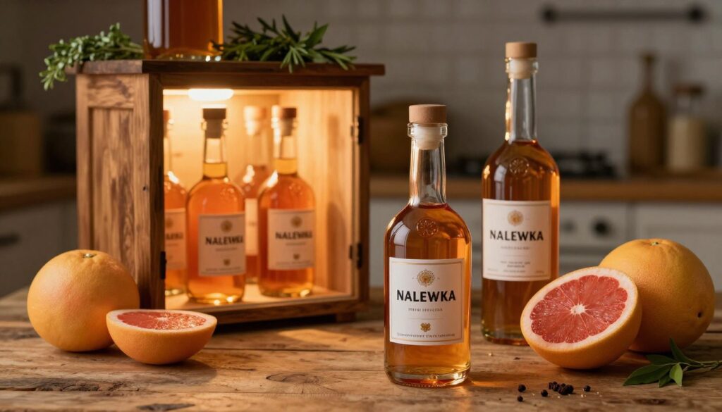 A beautifully arranged scene depicting the storage of grapefruit nalewka in elegant glass bottles. In the foreground, several bottles with amber-hued liquid, showcasing the unique color of the grapefruit liqueur, are positioned on a rustic wooden table. Near the bottles, fresh grapefruits are scattered, with a few halved fruits revealing their juicy, pink flesh. In the middle ground, a small, illuminated wooden cabinet holds additional bottles, dimly lit to create a warm ambiance. The background features a soft-focus kitchen environment with herbs and spices subtly hinting at the creative process of making nalewka. The lighting is warm and inviting, highlighting the textures of the wooden table and the shiny glass. The mood is cozy and artisanal, reflecting a sense of tradition and craft in the storage and enjoyment of homemade liqueur. A beautifully arranged scene depicting the storage of grapefruit nalewka in elegant glass bottles. In the foreground, several bottles with amber-hued liquid, showcasing the unique color of the grapefruit liqueur, are positioned on a rustic wooden table. Near the bottles, fresh grapefruits are scattered, with a few halved fruits revealing their juicy, pink flesh. In the middle ground, a small, illuminated wooden cabinet holds additional bottles, dimly lit to create a warm ambiance. The background features a soft-focus kitchen environment with herbs and spices subtly hinting at the creative process of making nalewka. The lighting is warm and inviting, highlighting the textures of the wooden table and the shiny glass. The mood is cozy and artisanal, reflecting a sense of tradition and craft in the storage and enjoyment of homemade liqueur.