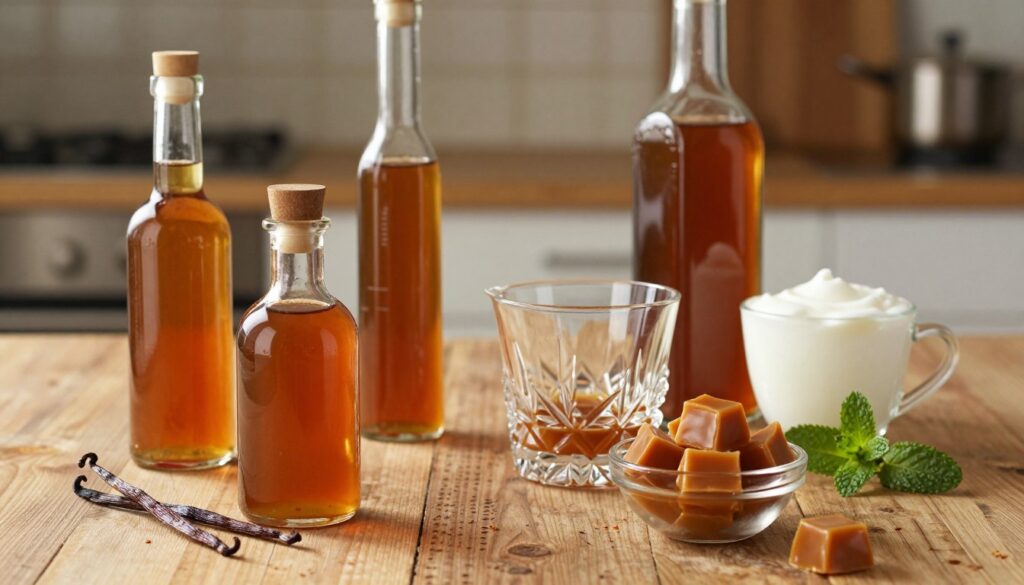 A beautifully arranged scene displaying the essential ingredients for a sweet caramel-flavored liqueur. In the foreground, there are various clear glass bottles filled with rich, amber-colored liquids, alongside a small bowl of soft caramel candies and a few vanilla pods. In the middle ground, a rustic wooden table holds an elegant crystal measuring cup, some fresh cream, and a few sprigs of mint, adding a pop of green. The background features a softly blurred kitchen setting with warm lighting that casts a cozy glow, hinting at an inviting atmosphere. The angle chosen is slightly elevated to capture the entire arrangement and create depth, evoking a sense of home and the joy of making a delightful liqueur. A beautifully arranged scene displaying the essential ingredients for a sweet caramel-flavored liqueur. In the foreground, there are various clear glass bottles filled with rich, amber-colored liquids, alongside a small bowl of soft caramel candies and a few vanilla pods. In the middle ground, a rustic wooden table holds an elegant crystal measuring cup, some fresh cream, and a few sprigs of mint, adding a pop of green. The background features a softly blurred kitchen setting with warm lighting that casts a cozy glow, hinting at an inviting atmosphere. The angle chosen is slightly elevated to capture the entire arrangement and create depth, evoking a sense of home and the joy of making a delightful liqueur.