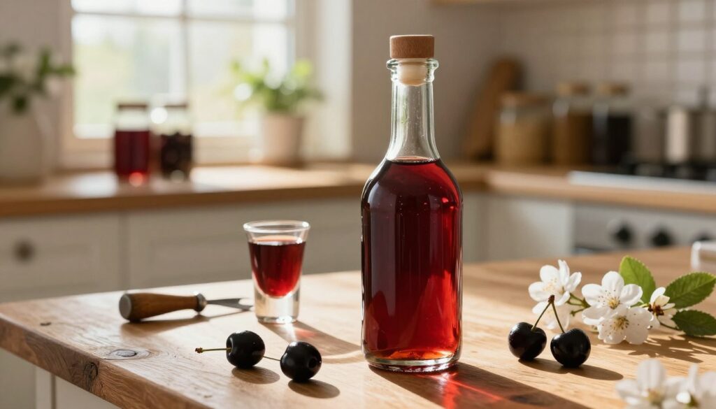 A beautifully arranged scene featuring a bottle of homemade cherry nalewka, showcasing its rich, deep red color. In the foreground, the glass bottle, filled with the vibrant liqueur, is elegantly placed on a rustic wooden table, surrounded by fresh black cherries and delicate cherry blossoms. The middle ground reveals a traditional glass shot glass, capturing the light with a slight sparkle, alongside small, vintage tools used for brewing. In the background, a softly lit kitchen setting with shelves of jars and plants creates a warm, inviting atmosphere. The lighting is warm and natural, simulating afternoon sunlight streaming through a window, casting gentle shadows and enhancing the inviting mood of this homemade beverage preparation. A beautifully arranged scene featuring a bottle of homemade cherry nalewka, showcasing its rich, deep red color. In the foreground, the glass bottle, filled with the vibrant liqueur, is elegantly placed on a rustic wooden table, surrounded by fresh black cherries and delicate cherry blossoms. The middle ground reveals a traditional glass shot glass, capturing the light with a slight sparkle, alongside small, vintage tools used for brewing. In the background, a softly lit kitchen setting with shelves of jars and plants creates a warm, inviting atmosphere. The lighting is warm and natural, simulating afternoon sunlight streaming through a window, casting gentle shadows and enhancing the inviting mood of this homemade beverage preparation.