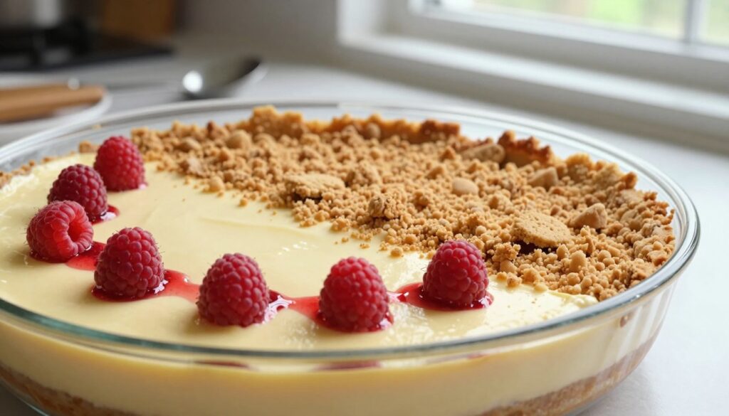 A beautifully arranged scene featuring a creamy raspberry cheesecake base ("spód sernik zimno") in a clear glass serving dish. In the foreground, the dessert is highlighted with its smooth, pale yellow filling adorned with fresh, vibrant red raspberries scattered on top, drizzled with light, glistening berry sauce. In the middle, a rich crumbly crust made of crushed biscuits is visible, offering a textured contrast to the smooth filling. The background includes a softly blurred kitchen countertop with baking utensils subtly arranged, evoking a homey cooking atmosphere. Natural light streams in from a nearby window, casting gentle shadows and emphasizing the textures of the dessert. The mood is inviting and warm, perfect for showcasing the art of no-bake dessert preparation.