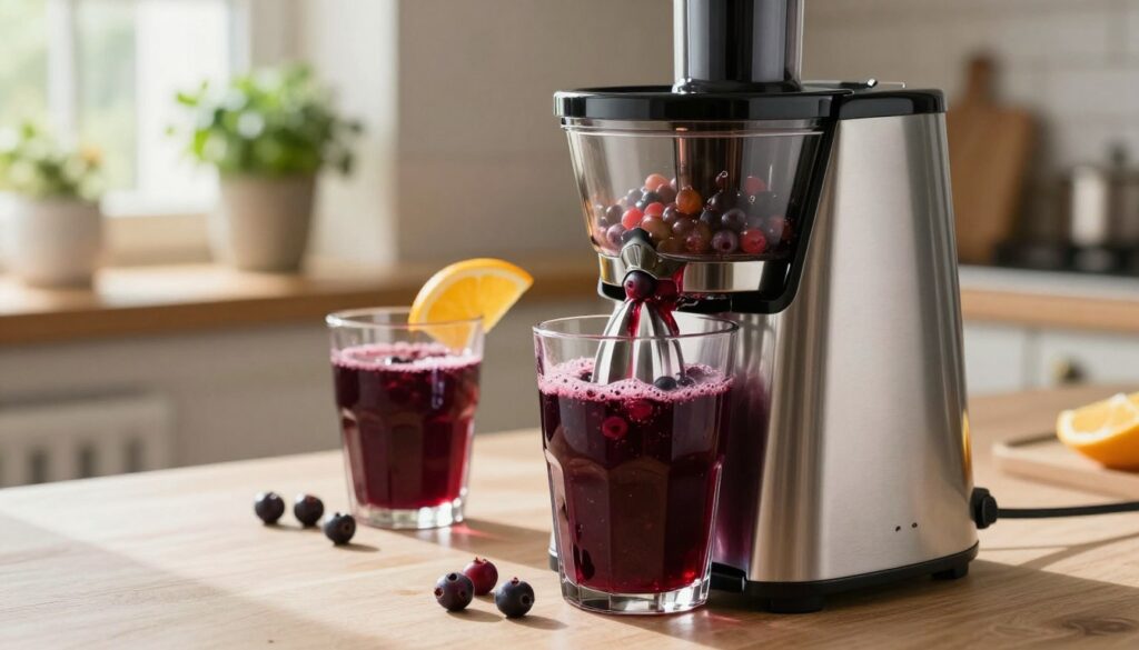 A beautifully arranged scene featuring a slow juicer prominently in the foreground, showcasing fresh, vibrant chokeberries (aronii) being fed into the machine. The juicer, made of sleek stainless steel, gleams under soft, natural lighting that filters through a nearby window, casting gentle shadows. In the middle ground, a clear glass filled with deep purple chokeberry juice, garnished with a slice of citrus and a few whole berries nearby, adds a touch of color. The background features a cozy kitchen setting with wooden cabinets and potted herbs, creating a warm and inviting atmosphere. The composition should evoke a sense of health and wellness, focusing on the beauty of natural ingredients and the process of juicing.