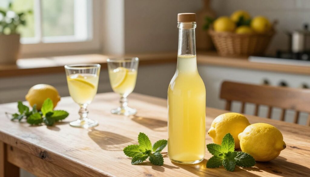 A beautifully arranged scene featuring homemade lemon liqueur (cytrynówka) in a glass bottle, placed prominently in the foreground. The bottle is elegantly designed, showcasing the vibrant yellow of the liqueur, with fresh lemons and sprigs of mint artfully arranged beside it. In the middle ground, a rustic wooden table is adorned with a few artisanal glasses, filled with the zesty drink, reflecting sunlight that pours in from a nearby window. The background should include soft-focus kitchen elements, like a fruit basket and herbs, creating a cozy, inviting atmosphere. The lighting is warm and natural, casting gentle shadows that enhance the freshness of the ingredients. The overall mood evokes health, vitality, and the joy of homemade creations. A beautifully arranged scene featuring homemade lemon liqueur (cytrynówka) in a glass bottle, placed prominently in the foreground. The bottle is elegantly designed, showcasing the vibrant yellow of the liqueur, with fresh lemons and sprigs of mint artfully arranged beside it. In the middle ground, a rustic wooden table is adorned with a few artisanal glasses, filled with the zesty drink, reflecting sunlight that pours in from a nearby window. The background should include soft-focus kitchen elements, like a fruit basket and herbs, creating a cozy, inviting atmosphere. The lighting is warm and natural, casting gentle shadows that enhance the freshness of the ingredients. The overall mood evokes health, vitality, and the joy of homemade creations.