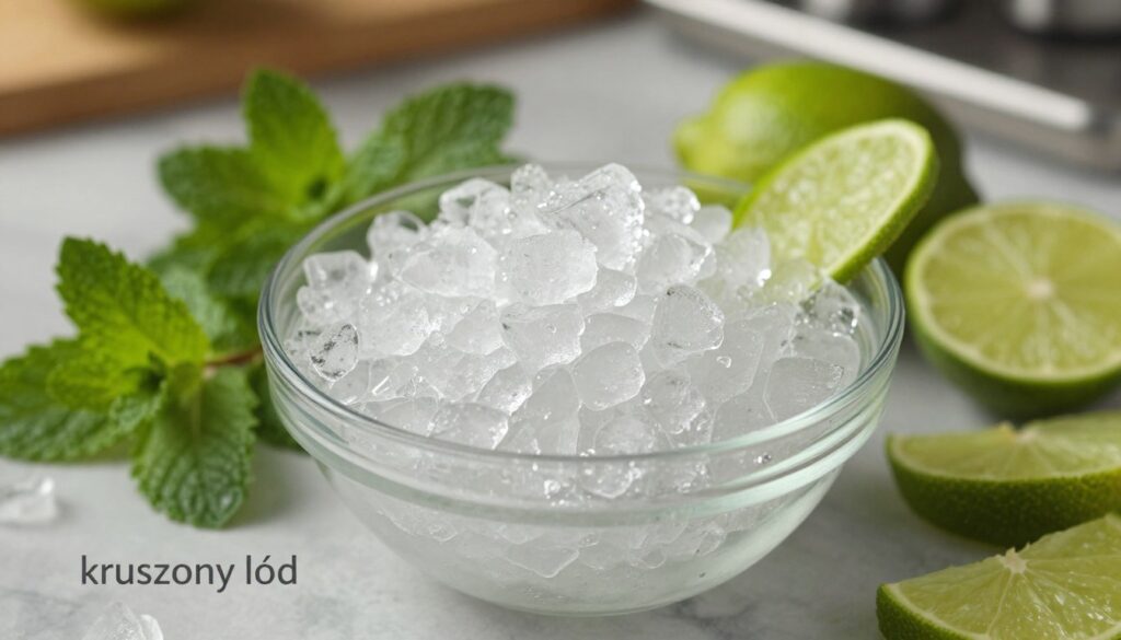 A beautifully arranged scene focused on crushed ice, known as "kruszony lód," styled for a mocktail preparation. In the foreground, a clear glass bowl filled with finely crushed ice, sparkling and glistening under soft, natural light. The middle ground features fresh mint leaves and fresh lime slices artfully placed around the bowl, suggesting a vibrant mocktail assembly. In the background, a blurred kitchen setting with a marble countertop, subtly emphasizing the preparation of a non-alcoholic mojito. The lighting is warm and inviting, casting gentle reflections on the ice, creating a refreshing and invigorating atmosphere. The angle is slightly overhead, providing a clear view of the ice's texture and the surrounding ingredients, enhancing the professional advice tone of the scene. A beautifully arranged scene focused on crushed ice, known as "kruszony lód," styled for a mocktail preparation. In the foreground, a clear glass bowl filled with finely crushed ice, sparkling and glistening under soft, natural light. The middle ground features fresh mint leaves and fresh lime slices artfully placed around the bowl, suggesting a vibrant mocktail assembly. In the background, a blurred kitchen setting with a marble countertop, subtly emphasizing the preparation of a non-alcoholic mojito. The lighting is warm and inviting, casting gentle reflections on the ice, creating a refreshing and invigorating atmosphere. The angle is slightly overhead, providing a clear view of the ice's texture and the surrounding ingredients, enhancing the professional advice tone of the scene.
