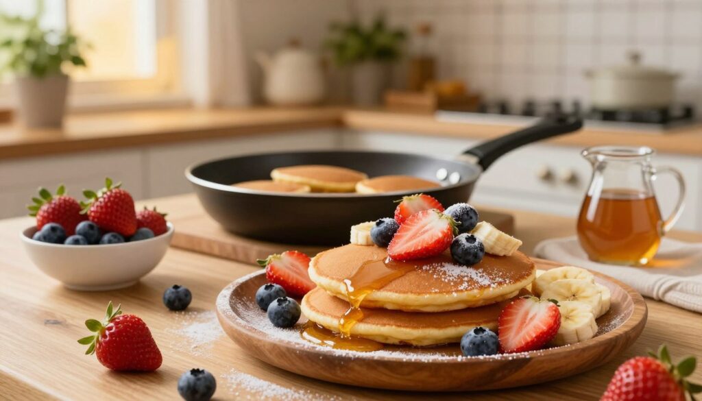 A beautifully arranged scene of "chlebki patelni" in a cozy kitchen setting, focusing on delicious sweet pancakes topped with fresh fruits like strawberries, blueberries, and banana slices. In the foreground, showcase a golden-brown pancake on a rustic wooden plate, gently glistening with a drizzle of honey and a sprinkle of powdered sugar. In the middle, a frying pan with more pancakes sizzling, surrounded by bowls of vibrant fruits and a small pitcher of syrup. The background features a softly illuminated kitchen with warm, inviting lighting, wooden cabinets, and a few potted herbs. Create a warm, inviting atmosphere that evokes feelings of comfort and home, capturing the essence of sweet, homemade treats without the need for an oven. A beautifully arranged scene of "chlebki patelni" in a cozy kitchen setting, focusing on delicious sweet pancakes topped with fresh fruits like strawberries, blueberries, and banana slices. In the foreground, showcase a golden-brown pancake on a rustic wooden plate, gently glistening with a drizzle of honey and a sprinkle of powdered sugar. In the middle, a frying pan with more pancakes sizzling, surrounded by bowls of vibrant fruits and a small pitcher of syrup. The background features a softly illuminated kitchen with warm, inviting lighting, wooden cabinets, and a few potted herbs. Create a warm, inviting atmosphere that evokes feelings of comfort and home, capturing the essence of sweet, homemade treats without the need for an oven.