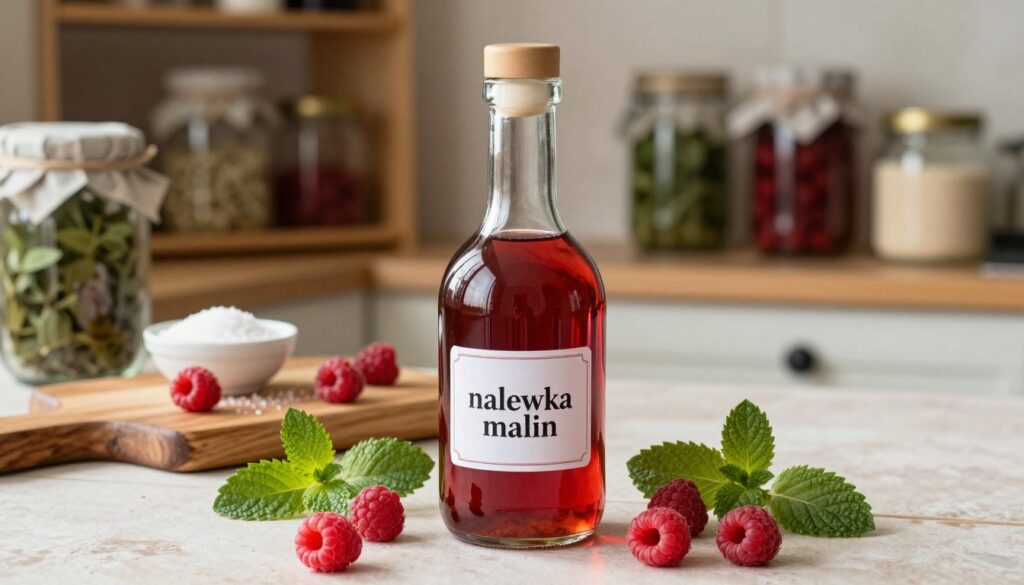 A beautifully arranged scene of homemade raspberry liqueur, known as "nalewka malin," prominently displayed in a rustic kitchen setting. In the foreground, a glass bottle filled with deep red liqueur reflects soft sunlight, surrounded by fresh, plump raspberries and green mint leaves. The middle ground features a wooden cutting board with a small bowl of sugar and scattered raspberries, hinting at the ingredient preparation process. In the background, shelves adorned with jars and herbal infusions create a warm, inviting atmosphere. Soft, natural lighting enhances the rich colors of the liqueur and fruit, while a shallow depth of field focuses on the bottle. The overall mood is cozy and artisanal, evoking a sense of homemade charm and culinary delight. A beautifully arranged scene of homemade raspberry liqueur, known as "nalewka malin," prominently displayed in a rustic kitchen setting. In the foreground, a glass bottle filled with deep red liqueur reflects soft sunlight, surrounded by fresh, plump raspberries and green mint leaves. The middle ground features a wooden cutting board with a small bowl of sugar and scattered raspberries, hinting at the ingredient preparation process. In the background, shelves adorned with jars and herbal infusions create a warm, inviting atmosphere. Soft, natural lighting enhances the rich colors of the liqueur and fruit, while a shallow depth of field focuses on the bottle. The overall mood is cozy and artisanal, evoking a sense of homemade charm and culinary delight.