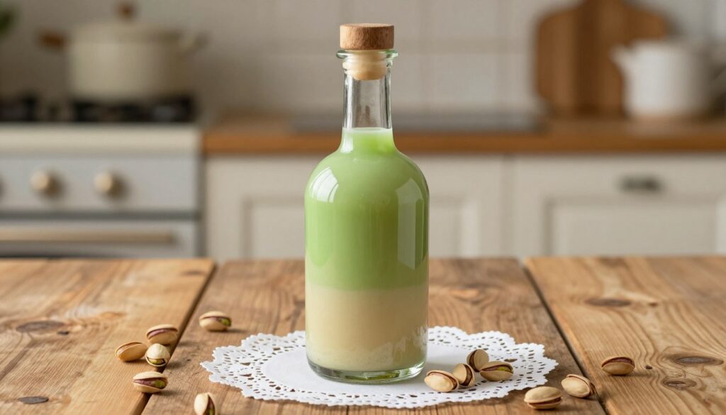 A beautifully arranged scene showcasing a glass bottle of homemade pistachio liqueur, crafted with vibrant green and creamy beige hues. The bottle should be elegantly placed on a rustic wooden table, surrounded by whole pistachios and a delicate lace doily underneath. In the background, a softly blurred kitchen setting with warm, inviting lighting that gives a cozy atmosphere, highlighting natural materials like wood and stone. Use a shallow depth of field to draw attention to the liqueur, capturing the smooth texture and rich colors. The mood should feel warm and inviting, suggesting a homemade, artisanal experience that emphasizes the dessert-like flavor of the liqueur. A beautifully arranged scene showcasing a glass bottle of homemade pistachio liqueur, crafted with vibrant green and creamy beige hues. The bottle should be elegantly placed on a rustic wooden table, surrounded by whole pistachios and a delicate lace doily underneath. In the background, a softly blurred kitchen setting with warm, inviting lighting that gives a cozy atmosphere, highlighting natural materials like wood and stone. Use a shallow depth of field to draw attention to the liqueur, capturing the smooth texture and rich colors. The mood should feel warm and inviting, suggesting a homemade, artisanal experience that emphasizes the dessert-like flavor of the liqueur.