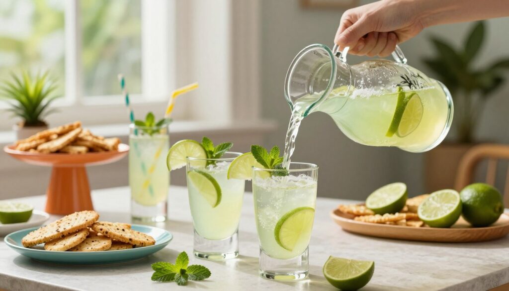 A beautifully arranged scene showcasing creative serving methods for lime liqueur. In the foreground, a stylish table is set with elegant glassware filled with vibrant lime liqueur, garnished with fresh mint leaves and thin lime slices. A whimsical, handcrafted pitcher pours the drink into the glasses, catching glimmers of light. The middle ground features assorted colorful serving platters with lime-infused snacks and cheerful decorations like small tropical plants and decorative straws. In the background, soft, diffused natural light filters through a window, creating a warm and inviting atmosphere. The scene captures a festive mood, perfect for summer gatherings, emphasizing freshness and creativity in beverage presentation. A beautifully arranged scene showcasing creative serving methods for lime liqueur. In the foreground, a stylish table is set with elegant glassware filled with vibrant lime liqueur, garnished with fresh mint leaves and thin lime slices. A whimsical, handcrafted pitcher pours the drink into the glasses, catching glimmers of light. The middle ground features assorted colorful serving platters with lime-infused snacks and cheerful decorations like small tropical plants and decorative straws. In the background, soft, diffused natural light filters through a window, creating a warm and inviting atmosphere. The scene captures a festive mood, perfect for summer gatherings, emphasizing freshness and creativity in beverage presentation.