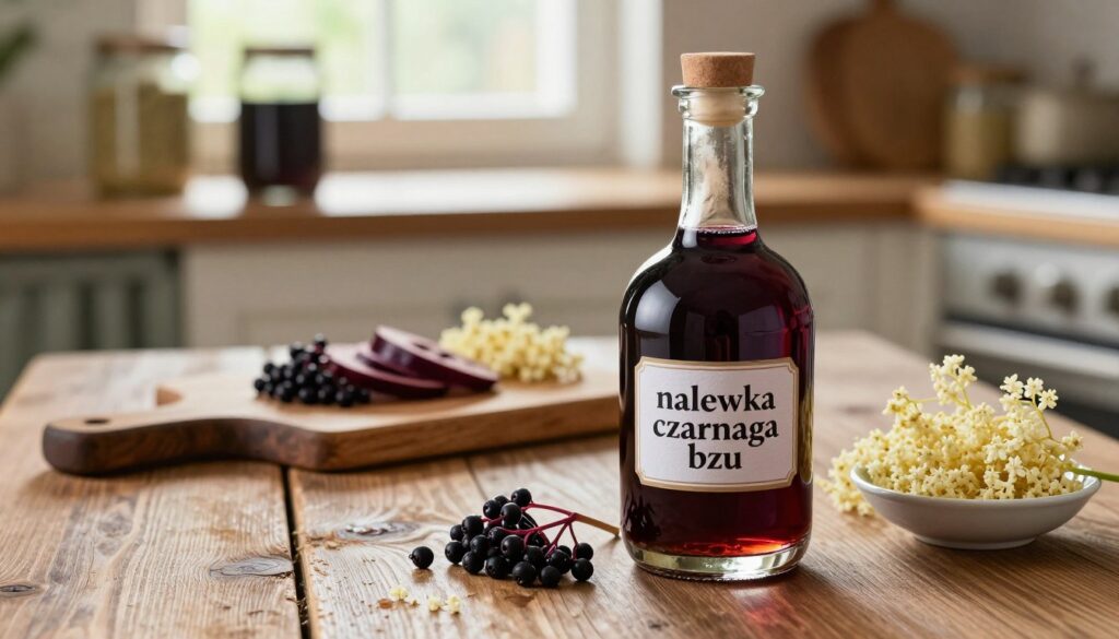 A beautifully arranged scene showcasing "nalewka czarnego bzu" on a rustic wooden table. In the foreground, a clear glass bottle filled with deep purple elderberry liqueur, highlighted by soft, warm lighting that creates a glistening effect. Beside it, a few fresh elderberries and a small bowl with clusters of elderflower blossoms, elegantly scattered. In the middle ground, an artisan cutting board holds sliced fruits, hinting at seasonal ingredients used in the recipe, set against an out-of-focus background of a cozy kitchen with vintage jars and natural light streaming through a window. The mood is inviting and homely, perfect for illustrating the art of making elderberry liqueur.