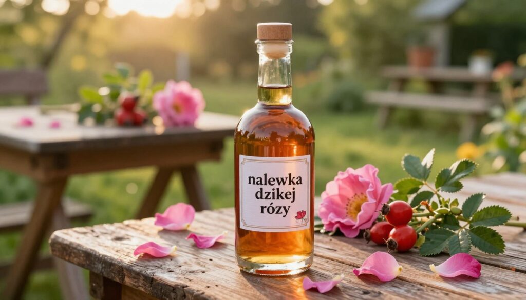 A beautifully arranged scene showcasing "nalewka dzikiej róży" (wild rose liqueur) in a glass bottle, prominently placed in the foreground. The bottle, made of clear glass, captures the rich amber hue of the liqueur, reflecting the sunlight that gently illuminates the scene. Surrounding the bottle are fresh wild rose petals and ripe rose hips, adding vibrant pops of pink and red. In the middle ground, a rustic wooden table complements the natural theme, while soft green foliage enhances the ambiance. The background features a gently blurred garden, bathed in golden hour light, evoking warmth and tradition. The overall mood is serene and inviting, perfect for conveying the essence of crafting this delightful liqueur.
