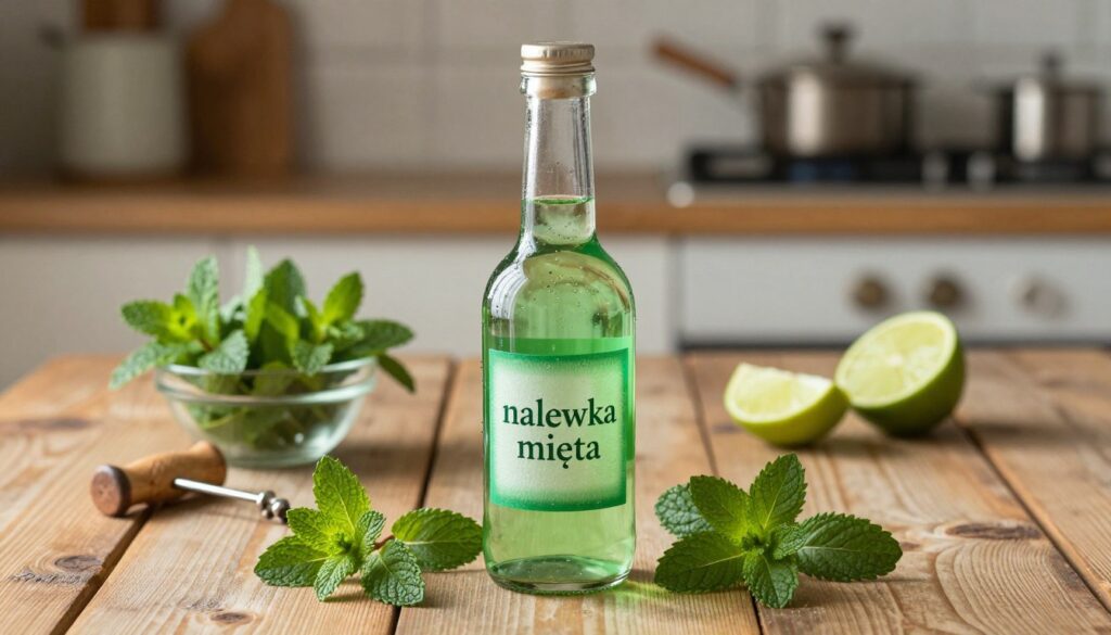 A beautifully arranged scene showcasing "nalewka mięty," a refreshing herbal liqueur. In the foreground, a glass bottle filled with a vibrant, green mint liqueur sits elegantly on a rustic wooden table, surrounded by fresh mint leaves and delicate mint sprigs. The bottle reflects the light, creating a sparkle effect. In the middle ground, there is a small dish with mint leaves and a few lime slices, suggesting ingredients for the liqueur, accompanied by a rustic corkscrew. The background features a softly blurred shot of a cozy kitchen with warm, inviting lighting, enhancing the atmosphere of home brewing. The overall mood is serene and inviting, perfect for conveying the essence of crafting homemade mint liqueur. A beautifully arranged scene showcasing "nalewka mięty," a refreshing herbal liqueur. In the foreground, a glass bottle filled with a vibrant, green mint liqueur sits elegantly on a rustic wooden table, surrounded by fresh mint leaves and delicate mint sprigs. The bottle reflects the light, creating a sparkle effect. In the middle ground, there is a small dish with mint leaves and a few lime slices, suggesting ingredients for the liqueur, accompanied by a rustic corkscrew. The background features a softly blurred shot of a cozy kitchen with warm, inviting lighting, enhancing the atmosphere of home brewing. The overall mood is serene and inviting, perfect for conveying the essence of crafting homemade mint liqueur.