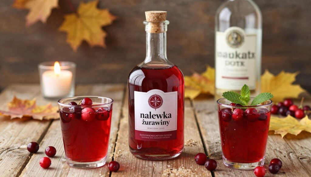 A beautifully arranged scene showcasing "nalewka żurawiny," a vibrant cranberry liqueur, in an elegant glass bottle with a cork top. In the foreground, place two glasses filled with the rich, ruby-red liquid, garnished with fresh cranberries and a sprig of mint. The middle section features a rustic wooden table adorned with ripe cranberries, sugar, and a vintage bottle of vodka, hinting at the ingredients used in the liqueur. The background should include soft-focus autumn leaves and warm candlelight, creating a cozy atmosphere ideal for chilly days. Use soft, natural lighting to capture the glossy texture of the liqueur and evoke warmth and comfort, emphasizing the inviting mood of enjoying homemade drinks.