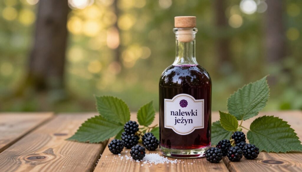 A beautifully arranged scene showcasing "nalewki jeżyn" (blackberry liqueur) in an elegant glass bottle, filled with deep, rich purple liquid. In the foreground, the bottle is placed on a rustic wooden table, surrounded by fresh blackberries, green leaves, and a scattering of sugar crystals to suggest sweetness. The middle ground features a blurred view of forest trees, emphasizing the natural, earthy origins of the ingredients. The background displays soft, dappled sunlight filtering through the leaves, creating a warm, inviting atmosphere. The composition is shot with a shallow depth of field, focusing sharply on the bottle, while the lighting is soft and warm, enhancing the rich colors and textures. The overall mood evokes a sense of cozy, homemade charm and the allure of capturing nature’s flavors. A beautifully arranged scene showcasing "nalewki jeżyn" (blackberry liqueur) in an elegant glass bottle, filled with deep, rich purple liquid. In the foreground, the bottle is placed on a rustic wooden table, surrounded by fresh blackberries, green leaves, and a scattering of sugar crystals to suggest sweetness. The middle ground features a blurred view of forest trees, emphasizing the natural, earthy origins of the ingredients. The background displays soft, dappled sunlight filtering through the leaves, creating a warm, inviting atmosphere. The composition is shot with a shallow depth of field, focusing sharply on the bottle, while the lighting is soft and warm, enhancing the rich colors and textures. The overall mood evokes a sense of cozy, homemade charm and the allure of capturing nature’s flavors.