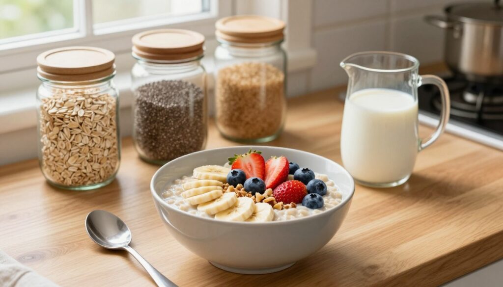 A beautifully arranged scene showcasing the basic proportions and ingredients for making oatmeal. In the foreground, a stylish bowl filled with creamy oatmeal topped with fresh fruits like sliced bananas, strawberries, and blueberries, along with a sprinkle of nuts. Beside the bowl, a measuring cup and a spoon, displaying the exact measurements of oats, water, and milk necessary for preparation. In the middle, a wooden countertop with clear jars containing rolled oats, chia seeds, and brown sugar, creating a warm and inviting kitchen atmosphere. In the background, soft, diffused natural light filters through a window, illuminating the scene and adding a cozy, homely feel. The mood is warm and nurturing, ideal for a healthy breakfast preparation. A beautifully arranged scene showcasing the basic proportions and ingredients for making oatmeal. In the foreground, a stylish bowl filled with creamy oatmeal topped with fresh fruits like sliced bananas, strawberries, and blueberries, along with a sprinkle of nuts. Beside the bowl, a measuring cup and a spoon, displaying the exact measurements of oats, water, and milk necessary for preparation. In the middle, a wooden countertop with clear jars containing rolled oats, chia seeds, and brown sugar, creating a warm and inviting kitchen atmosphere. In the background, soft, diffused natural light filters through a window, illuminating the scene and adding a cozy, homely feel. The mood is warm and nurturing, ideal for a healthy breakfast preparation.