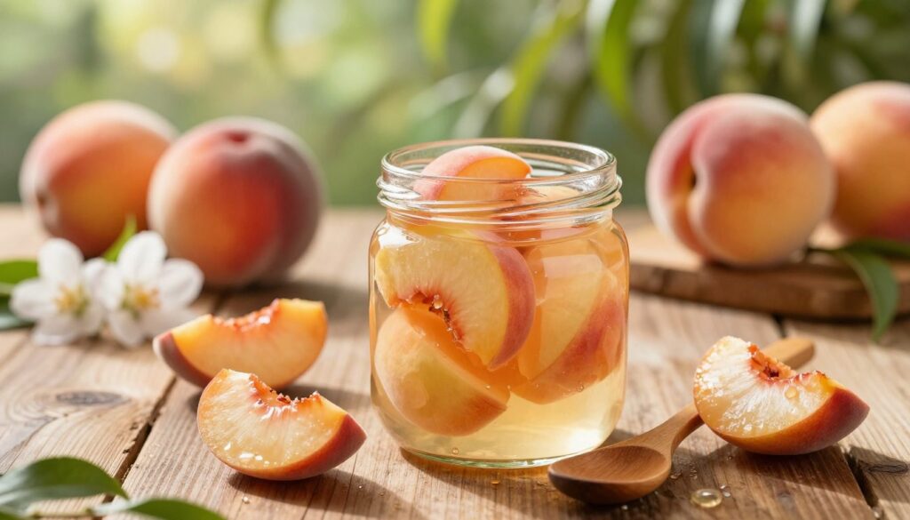 A beautifully arranged scene showcasing the maceration of fruits, specifically ripe peaches. In the foreground, a glass jar filled with sliced peaches immersed in a clear liquid, glistening under soft, warm light. A wooden spoon rests beside the jar, with small peach slices scattered artfully around it. In the middle, a rustic wooden table adds texture, with a few unopened peach blossoms partially visible, enhancing the natural feel of the setting. The background features blurred greenery, evoking a summer garden atmosphere with soft sunlight filtering through leaves, creating a gentle, inviting mood. The composition emphasizes freshness and warmth, ideal for highlighting the process of fruit maceration. A beautifully arranged scene showcasing the maceration of fruits, specifically ripe peaches. In the foreground, a glass jar filled with sliced peaches immersed in a clear liquid, glistening under soft, warm light. A wooden spoon rests beside the jar, with small peach slices scattered artfully around it. In the middle, a rustic wooden table adds texture, with a few unopened peach blossoms partially visible, enhancing the natural feel of the setting. The background features blurred greenery, evoking a summer garden atmosphere with soft sunlight filtering through leaves, creating a gentle, inviting mood. The composition emphasizes freshness and warmth, ideal for highlighting the process of fruit maceration.