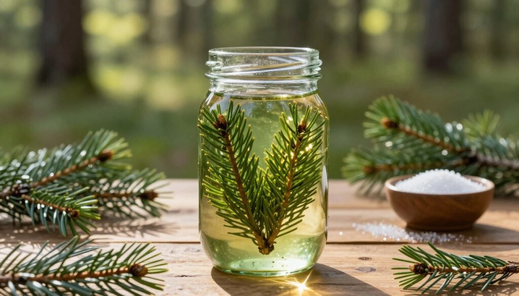 A beautifully arranged scene showcasing the process of making "nalewka pędów sosny," focusing on fresh pine shoots in a glass jar filled with a light green liquid. In the foreground, a clear glass jar with tightly packed young pine shoots submerged in the liquid, reflecting sunlight and glowing with a warm, golden hue. The middle ground features an elegant wooden table adorned with scattered pine needles and a small bowl of sugar, hinting at ingredients. In the background, softly blurred greenery of a forest, with dappled sunlight filtering through the branches, creating a serene atmosphere. The composition is well-lit, emphasizing the colors of the pine shoots and the rustic setting, evoking a sense of tradition and natural beauty. A beautifully arranged scene showcasing the process of making "nalewka pędów sosny," focusing on fresh pine shoots in a glass jar filled with a light green liquid. In the foreground, a clear glass jar with tightly packed young pine shoots submerged in the liquid, reflecting sunlight and glowing with a warm, golden hue. The middle ground features an elegant wooden table adorned with scattered pine needles and a small bowl of sugar, hinting at ingredients. In the background, softly blurred greenery of a forest, with dappled sunlight filtering through the branches, creating a serene atmosphere. The composition is well-lit, emphasizing the colors of the pine shoots and the rustic setting, evoking a sense of tradition and natural beauty.