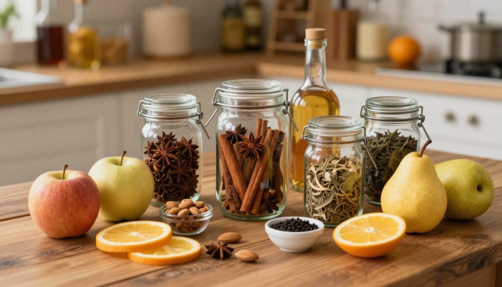 A beautifully arranged selection of base ingredients for homemade spirits, focusing on fruits, spices, and natural flavors. In the foreground, showcase ripe fruits like apples, pears, and citrus slices, artfully arranged on a rustic wooden table. In the middle, add glass jars filled with various spices—star anise, cinnamon sticks, and dried herbs—surrounded by small bowls of natural flavor extracts like vanilla and almond. In the background, softly blurred, include a well-lit kitchen with shelves of additional ingredients and rustic bottles. The scene is illuminated by warm, inviting light, creating a cozy and captivating atmosphere, suggesting a traditional yet modern approach to crafting home brews. The angle should be slightly overhead to capture the entire composition harmoniously.