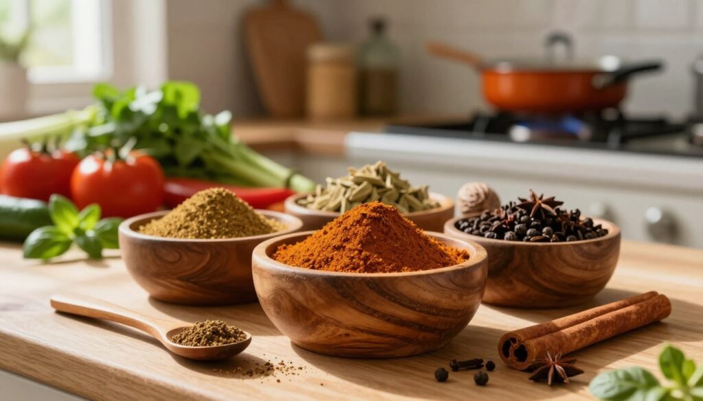 A beautifully arranged selection of garam masala spices in a rustic wooden bowl, showcasing the rich, warm hues of cinnamon, cardamom, cloves, nutmeg, and black pepper. In the foreground, a small wooden spoon rests beside the bowl, hinting at the spices' culinary uses. The middle ground features a vibrant kitchen scene with fresh vegetables and herbs scattered around, symbolizing the practical application of garam masala in cooking. In the background, a softly lit stove with simmering dishes creates a warm, inviting atmosphere. Sunlight streams through a nearby window, casting gentle shadows that enhance the texture of the spices. The overall mood is one of warmth and creativity in culinary exploration. A beautifully arranged selection of garam masala spices in a rustic wooden bowl, showcasing the rich, warm hues of cinnamon, cardamom, cloves, nutmeg, and black pepper. In the foreground, a small wooden spoon rests beside the bowl, hinting at the spices' culinary uses. The middle ground features a vibrant kitchen scene with fresh vegetables and herbs scattered around, symbolizing the practical application of garam masala in cooking. In the background, a softly lit stove with simmering dishes creates a warm, inviting atmosphere. Sunlight streams through a nearby window, casting gentle shadows that enhance the texture of the spices. The overall mood is one of warmth and creativity in culinary exploration.
