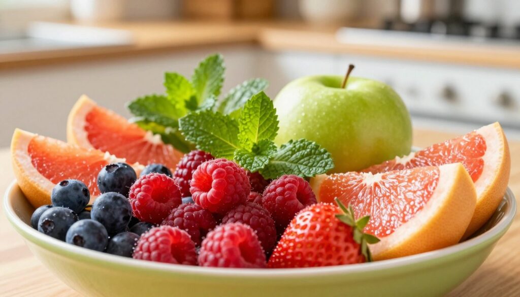 A beautifully arranged selection of low-sugar fruits, including berries like raspberries and strawberries, juicy green apples, and slices of grapefruit. In the foreground, place a vibrant bowl filled with these fruits, showcasing their rich colors and textures. The middle ground features greenery, such as fresh mint leaves, enhancing the freshness of the scene. The background softly blurs to reveal a sunlit kitchen with warm wooden tones, creating a cozy, inviting atmosphere. Utilize soft, natural lighting to illuminate the fruits, emphasizing their juiciness and freshness. Capture the scene from a slightly elevated angle to provide an enticing view of the fruit selection. Aim for a vibrant, healthy mood that encourages dietary choices. A beautifully arranged selection of low-sugar fruits, including berries like raspberries and strawberries, juicy green apples, and slices of grapefruit. In the foreground, place a vibrant bowl filled with these fruits, showcasing their rich colors and textures. The middle ground features greenery, such as fresh mint leaves, enhancing the freshness of the scene. The background softly blurs to reveal a sunlit kitchen with warm wooden tones, creating a cozy, inviting atmosphere. Utilize soft, natural lighting to illuminate the fruits, emphasizing their juiciness and freshness. Capture the scene from a slightly elevated angle to provide an enticing view of the fruit selection. Aim for a vibrant, healthy mood that encourages dietary choices.