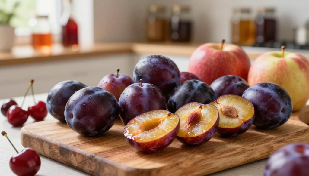 A beautifully arranged selection of plump, ripe fruits suitable for making nalewka, specifically focusing on deep purple plums. The foreground features a rustic wooden cutting board with freshly cut slices of plums, showcasing their vibrant inner flesh. In the middle ground, there are whole plums alongside other fruit options like cherries and apples, creating a rich and inviting color palette. The background displays a softly blurred kitchen setting with shelves of jars and bottles, suggesting the process of making homemade liqueurs. The scene is well-lit with warm, natural light streaming in from a nearby window, enhancing the rich colors of the fruits and creating a cozy, inviting atmosphere. Shot from a slightly elevated angle to capture the full arrangement beautifully. A beautifully arranged selection of plump, ripe fruits suitable for making nalewka, specifically focusing on deep purple plums. The foreground features a rustic wooden cutting board with freshly cut slices of plums, showcasing their vibrant inner flesh. In the middle ground, there are whole plums alongside other fruit options like cherries and apples, creating a rich and inviting color palette. The background displays a softly blurred kitchen setting with shelves of jars and bottles, suggesting the process of making homemade liqueurs. The scene is well-lit with warm, natural light streaming in from a nearby window, enhancing the rich colors of the fruits and creating a cozy, inviting atmosphere. Shot from a slightly elevated angle to capture the full arrangement beautifully.