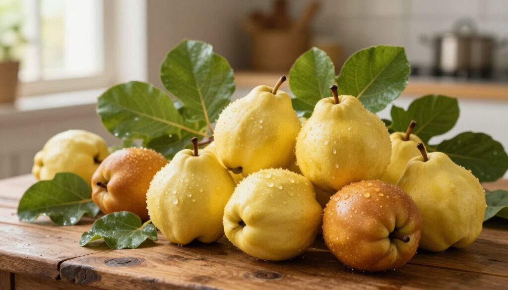 A beautifully arranged selection of ripe quince fruits (pigwa) and decorative quince-leaf plants (pigwowiec) on a rustic wooden table. In the foreground, showcase a variety of quince fruits in different sizes and shades of yellow to deep amber, with dew droplets glistening on their surfaces to highlight freshness. The middle section features lush green quince leaves interspersed with the fruits, creating a vibrant contrast. The background is softly blurred, revealing a warm, inviting kitchen setting with hints of sunlight streaming through a window, casting a gentle glow on the scene. The overall mood is cozy and rustic, perfect for illustrating the delightful choice of quinces for making homemade spirits. Capture the essence of abundance and natural beauty. A beautifully arranged selection of ripe quince fruits (pigwa) and decorative quince-leaf plants (pigwowiec) on a rustic wooden table. In the foreground, showcase a variety of quince fruits in different sizes and shades of yellow to deep amber, with dew droplets glistening on their surfaces to highlight freshness. The middle section features lush green quince leaves interspersed with the fruits, creating a vibrant contrast. The background is softly blurred, revealing a warm, inviting kitchen setting with hints of sunlight streaming through a window, casting a gentle glow on the scene. The overall mood is cozy and rustic, perfect for illustrating the delightful choice of quinces for making homemade spirits. Capture the essence of abundance and natural beauty.