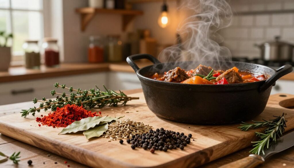 A beautifully arranged selection of spices essential for bigos, showcasing vibrant colors and textures. In the foreground, a wooden cutting board displays an assortment of paprika, bay leaves, caraway seeds, and freshly ground black pepper, intricately placed with occasional sprigs of thyme and rosemary. In the middle ground, an iron pot simmering with a rich, aromatic bigos stew, steam visibly rising. The background features a rustic kitchen setting with wooden shelves, jars of additional spices, and a soft warm glow from hanging lights, creating a cozy and inviting atmosphere. The scene is illuminated by natural light filtering through a window, casting gentle shadows that enhance the textures of the spices and pot. The mood evokes warmth, tradition, and the inviting aroma of Polish cuisine. A beautifully arranged selection of spices essential for bigos, showcasing vibrant colors and textures. In the foreground, a wooden cutting board displays an assortment of paprika, bay leaves, caraway seeds, and freshly ground black pepper, intricately placed with occasional sprigs of thyme and rosemary. In the middle ground, an iron pot simmering with a rich, aromatic bigos stew, steam visibly rising. The background features a rustic kitchen setting with wooden shelves, jars of additional spices, and a soft warm glow from hanging lights, creating a cozy and inviting atmosphere. The scene is illuminated by natural light filtering through a window, casting gentle shadows that enhance the textures of the spices and pot. The mood evokes warmth, tradition, and the inviting aroma of Polish cuisine.
