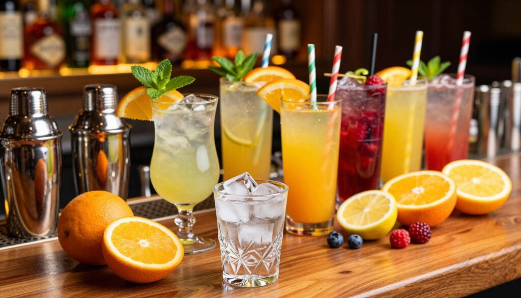 A beautifully arranged selection of vibrant fruit juices and vodka cocktails, elegantly displayed on a wooden bar counter. In the foreground, a crystal-clear shot glass filled with ice-cold vodka, surrounded by colorful cocktail shakers and fresh fruits like oranges, lemons, and berries. In the middle ground, a series of cocktails in stylish glasses, each showcasing unique garnishes like mint leaves, citrus slices, and colorful straws, representing the best flavor pairings. The background features a softly lit, upscale bar ambiance with blurred shelves of spirits and warm lighting, creating an inviting atmosphere. The scene captures a lively and refreshing mood, emphasizing the art of mixing flavors with vodka. The image is taken from a slight overhead angle, allowing a captivating view of the vibrant colors and textures. A beautifully arranged selection of vibrant fruit juices and vodka cocktails, elegantly displayed on a wooden bar counter. In the foreground, a crystal-clear shot glass filled with ice-cold vodka, surrounded by colorful cocktail shakers and fresh fruits like oranges, lemons, and berries. In the middle ground, a series of cocktails in stylish glasses, each showcasing unique garnishes like mint leaves, citrus slices, and colorful straws, representing the best flavor pairings. The background features a softly lit, upscale bar ambiance with blurred shelves of spirits and warm lighting, creating an inviting atmosphere. The scene captures a lively and refreshing mood, emphasizing the art of mixing flavors with vodka. The image is taken from a slight overhead angle, allowing a captivating view of the vibrant colors and textures.