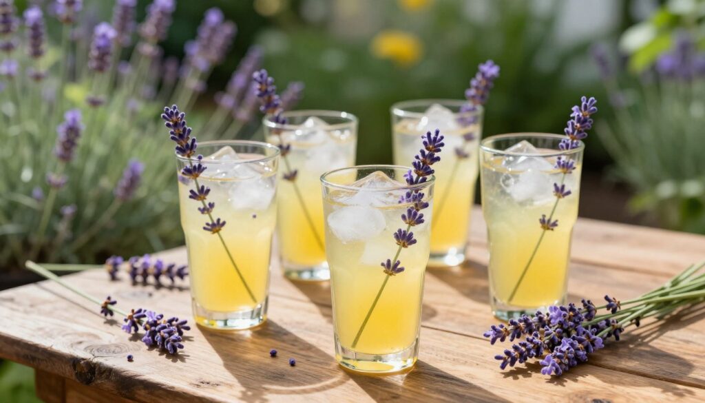 A beautifully arranged set of elegant glassware decorated with lavender sprigs and delicate lavender flowers, positioned on a rustic wooden table. The glasses are filled with a refreshing lavender lemonade, showcasing a vibrant yellow hue with floating ice cubes. In the foreground, focus on the intricate details of the lavender decorations, while the middle ground features a soft, blurred backdrop of a sunlit garden with blooming lavender plants and lush greenery. The lighting is warm and inviting, with soft sunlight casting gentle shadows, creating an atmosphere of tranquility and freshness. Capture the scene from a slightly elevated angle to emphasize the delightful beverage and its floral embellishments, evoking a sense of relaxation and summer enjoyment. A beautifully arranged set of elegant glassware decorated with lavender sprigs and delicate lavender flowers, positioned on a rustic wooden table. The glasses are filled with a refreshing lavender lemonade, showcasing a vibrant yellow hue with floating ice cubes. In the foreground, focus on the intricate details of the lavender decorations, while the middle ground features a soft, blurred backdrop of a sunlit garden with blooming lavender plants and lush greenery. The lighting is warm and inviting, with soft sunlight casting gentle shadows, creating an atmosphere of tranquility and freshness. Capture the scene from a slightly elevated angle to emphasize the delightful beverage and its floral embellishments, evoking a sense of relaxation and summer enjoyment.