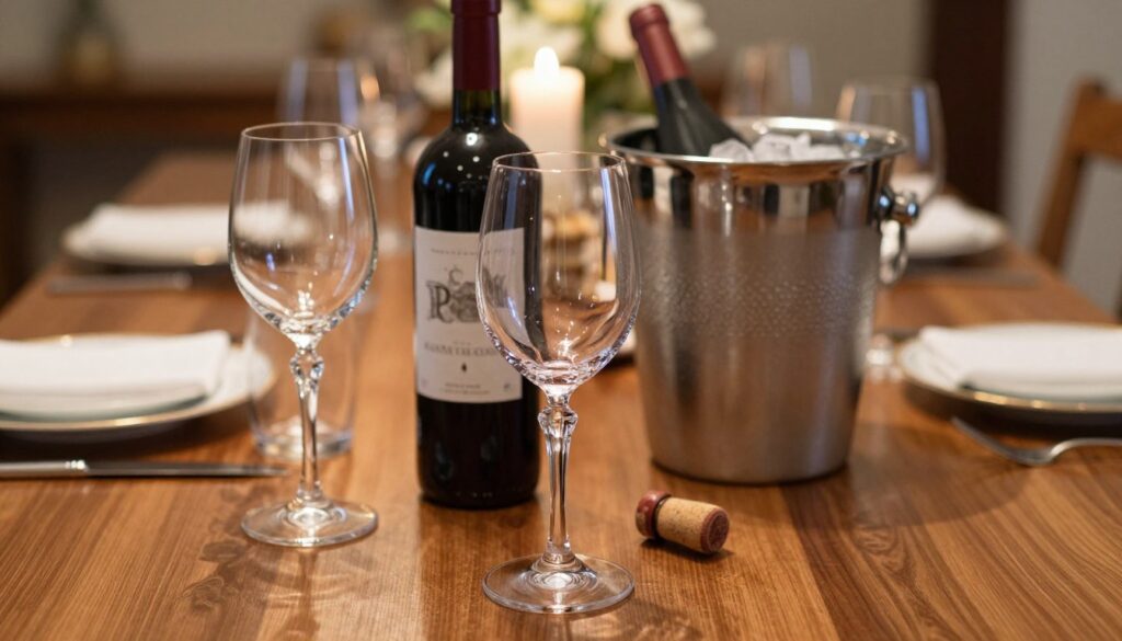 A beautifully arranged set of elegant wine glasses on a polished wooden table. In the foreground, focus on two crystal wine glasses with intricate cuts, reflecting light and casting delicate shadows. In the middle, place a bottle of deep red wine with a classic label, partially uncorked, beside a silver wine cooler filled with ice. The background features softly blurred elements of a well-appointed dining space, including a lavish table setting with fine china and flickering candlelight, enhancing the intimate atmosphere. Utilize warm, soft lighting to create a luxurious and inviting ambiance, captured with a slight depth of field to emphasize the details in the glasses and wine. The overall mood should evoke sophistication and elegance, suitable for a fine dining experience. A beautifully arranged set of elegant wine glasses on a polished wooden table. In the foreground, focus on two crystal wine glasses with intricate cuts, reflecting light and casting delicate shadows. In the middle, place a bottle of deep red wine with a classic label, partially uncorked, beside a silver wine cooler filled with ice. The background features softly blurred elements of a well-appointed dining space, including a lavish table setting with fine china and flickering candlelight, enhancing the intimate atmosphere. Utilize warm, soft lighting to create a luxurious and inviting ambiance, captured with a slight depth of field to emphasize the details in the glasses and wine. The overall mood should evoke sophistication and elegance, suitable for a fine dining experience.