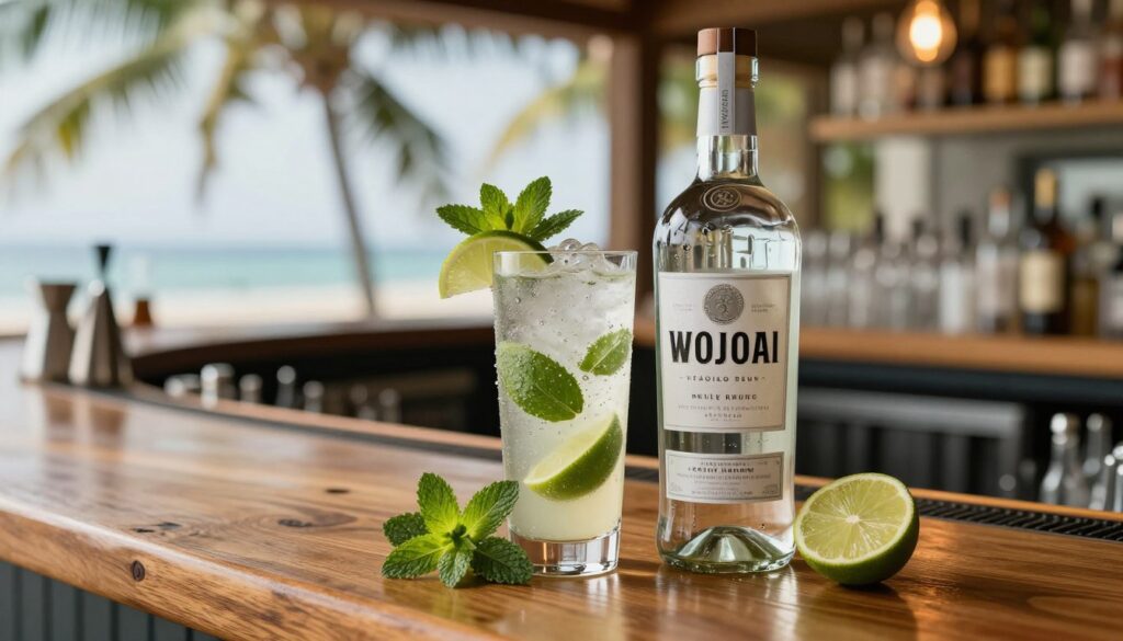 A beautifully arranged setting featuring a bottle of premium white rum set on a polished wooden bar counter. The foreground showcases the rum bottle, elegantly labeled, with a few fresh mint leaves and lime slices artfully placed beside it. In the middle ground, a refreshing mojito cocktail in a tall, transparent glass garnished with mint and lime, glistening with condensation, invites the viewer. The background softly hints at a tropical bar environment with blurred palm trees and soft, ambient lighting that evokes a relaxed, summery vibe. A warm glow enhances the tranquility of the scene, capturing the essence of enjoying a perfect mojito. The focus is sharp and inviting, with a depth of field that emphasizes the rum and cocktail in the foreground while gently blurring the background. A beautifully arranged setting featuring a bottle of premium white rum set on a polished wooden bar counter. The foreground showcases the rum bottle, elegantly labeled, with a few fresh mint leaves and lime slices artfully placed beside it. In the middle ground, a refreshing mojito cocktail in a tall, transparent glass garnished with mint and lime, glistening with condensation, invites the viewer. The background softly hints at a tropical bar environment with blurred palm trees and soft, ambient lighting that evokes a relaxed, summery vibe. A warm glow enhances the tranquility of the scene, capturing the essence of enjoying a perfect mojito. The focus is sharp and inviting, with a depth of field that emphasizes the rum and cocktail in the foreground while gently blurring the background.
